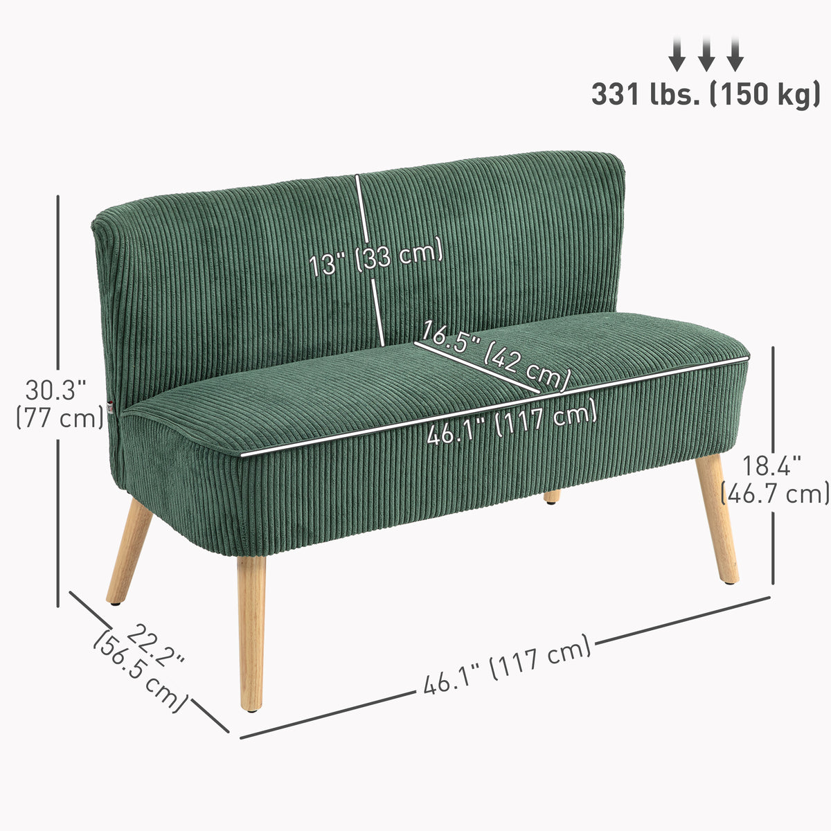 Modern 2 Seater Sofa Corduroy - Cream White 46"W-DECOROLALA