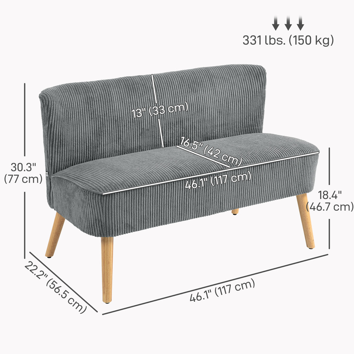 Modern 2 Seater Sofa Corduroy - Cream White 46"W-DECOROLALA
