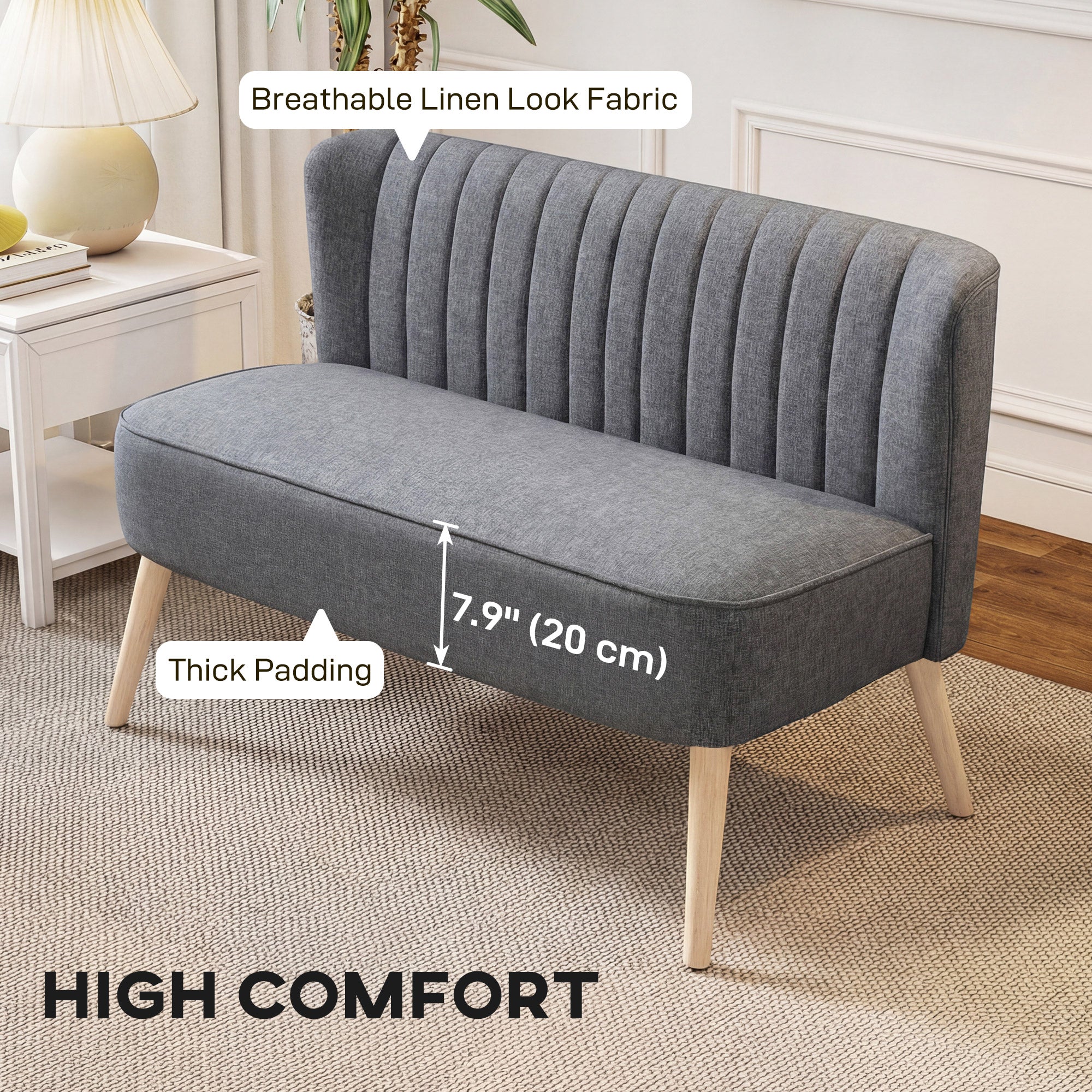 Modern 2 Seater Sofa Grey Linen - 46.1"W-DECOROLALA