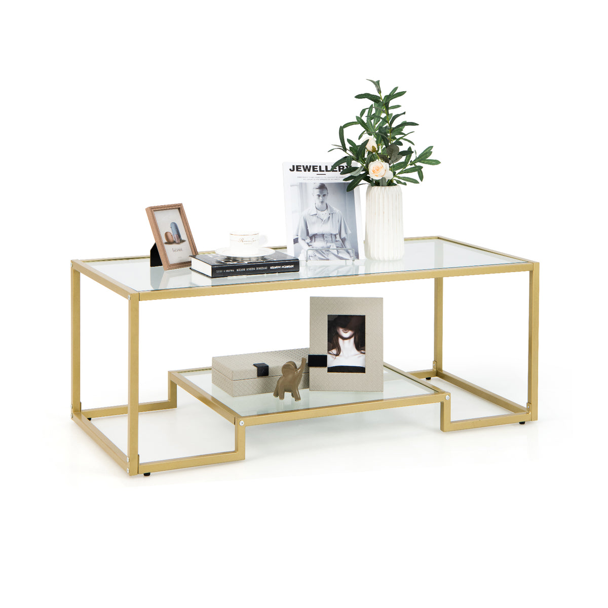 Modern 2-Tier Rectangular Coffee Table with Glass Table Top-Golden-Coffee Tables-DECOROLALA