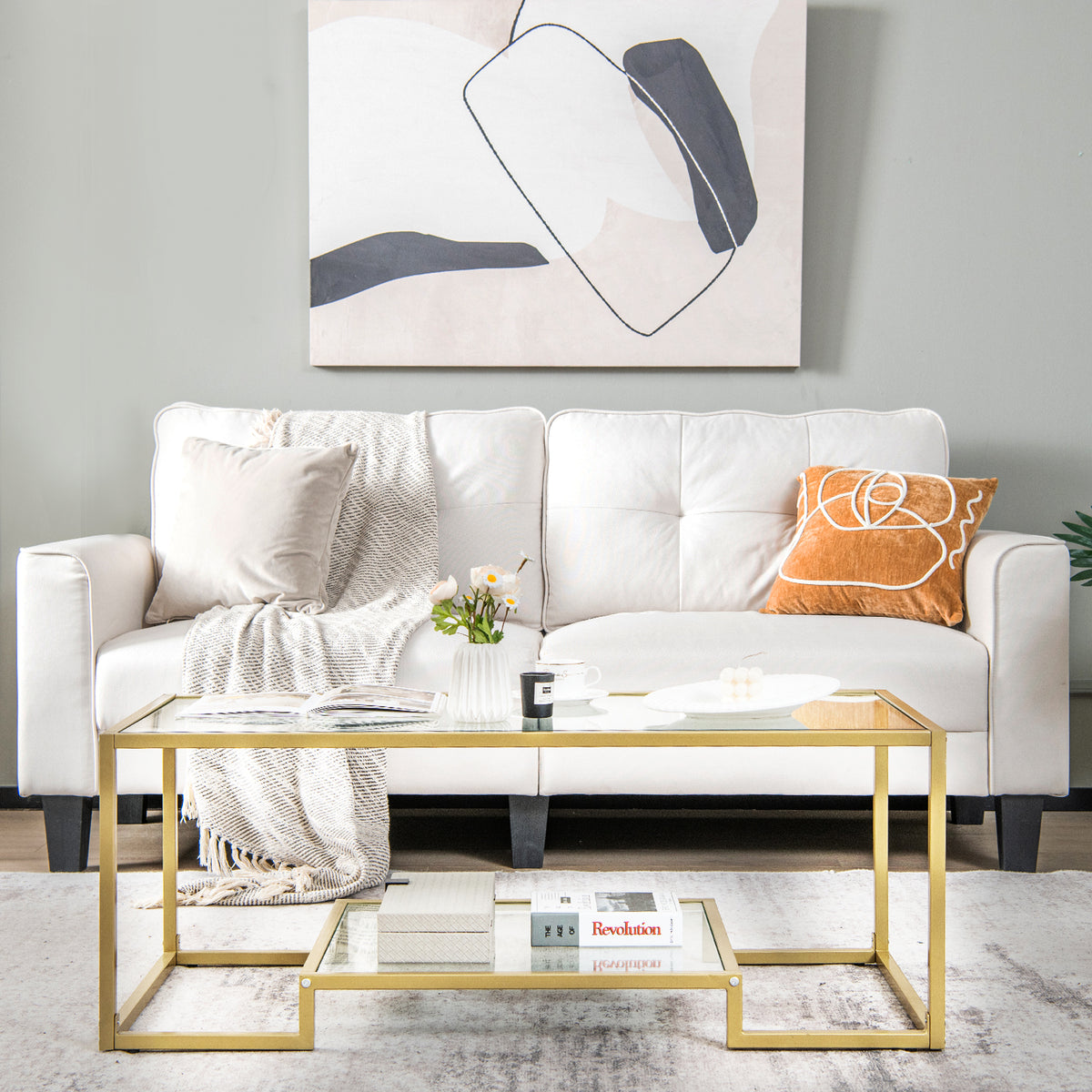 Modern 2-Tier Rectangular Coffee Table with Glass Table Top-Golden-Coffee Tables-DECOROLALA