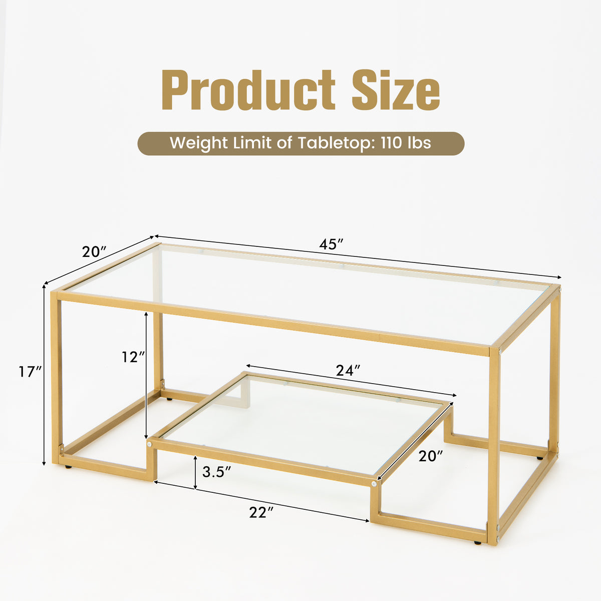 Modern 2-Tier Rectangular Coffee Table with Glass Table Top-Golden-Coffee Tables-DECOROLALA