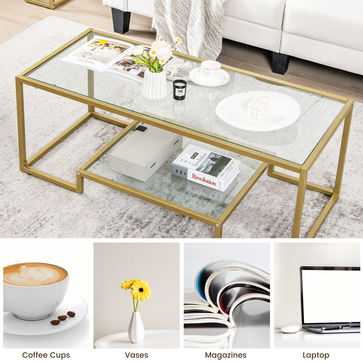 Modern 2-Tier Rectangular Coffee Table with Glass Table Top-Golden-Coffee Tables-DECOROLALA