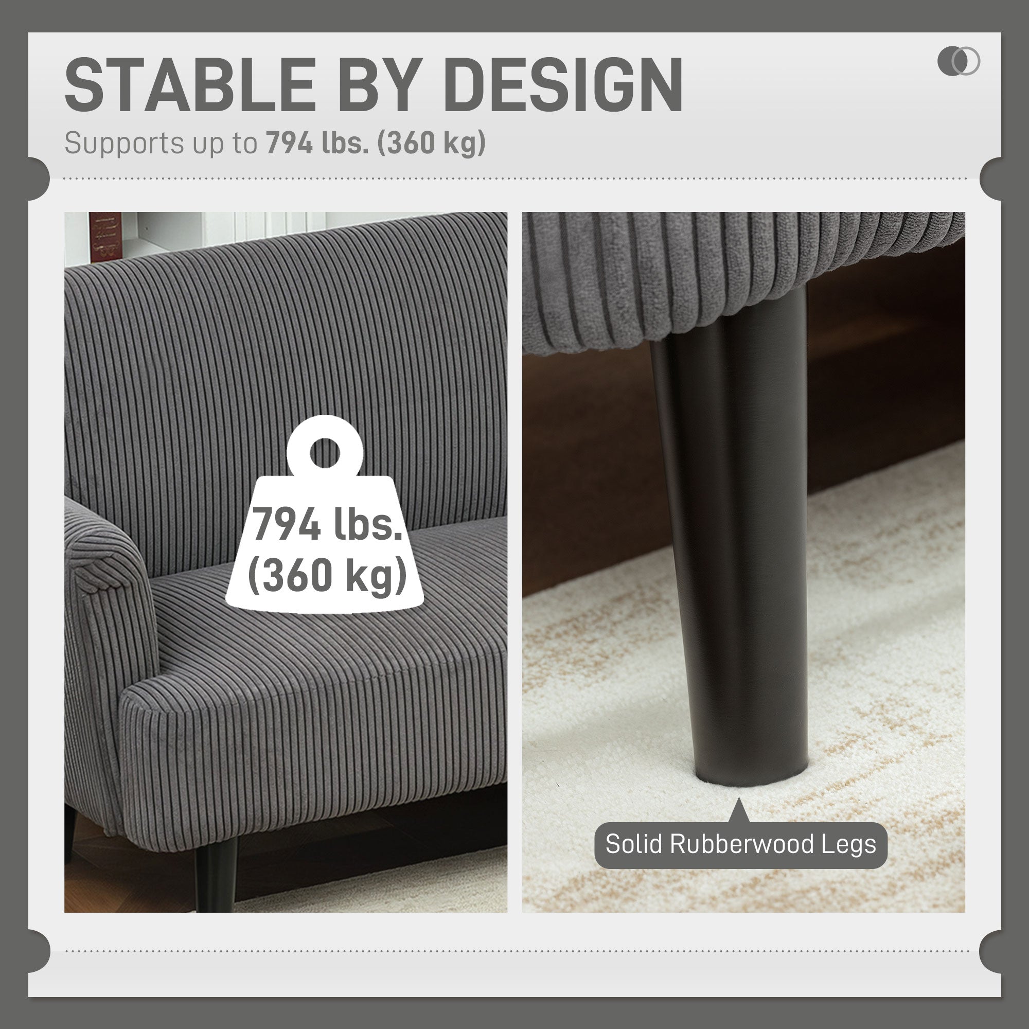 Modern 3 Seater Couch, Grey Corduroy Sofa with Rubberwood Legs & Extra-Wide Seat-DECOROLALA