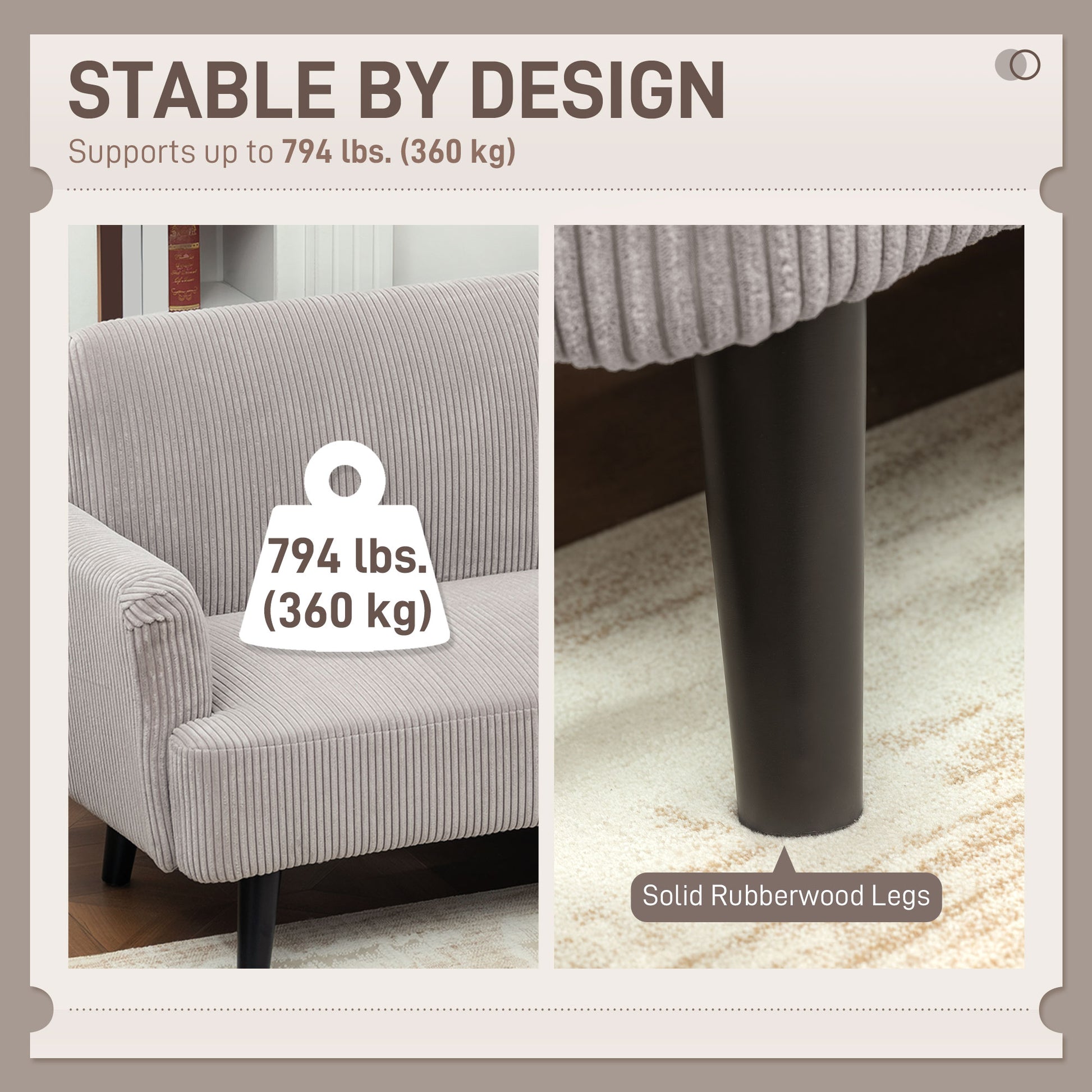 Modern 3 Seater Couch, Grey Corduroy Sofa with Rubberwood Legs & Extra-Wide Seat-DECOROLALA
