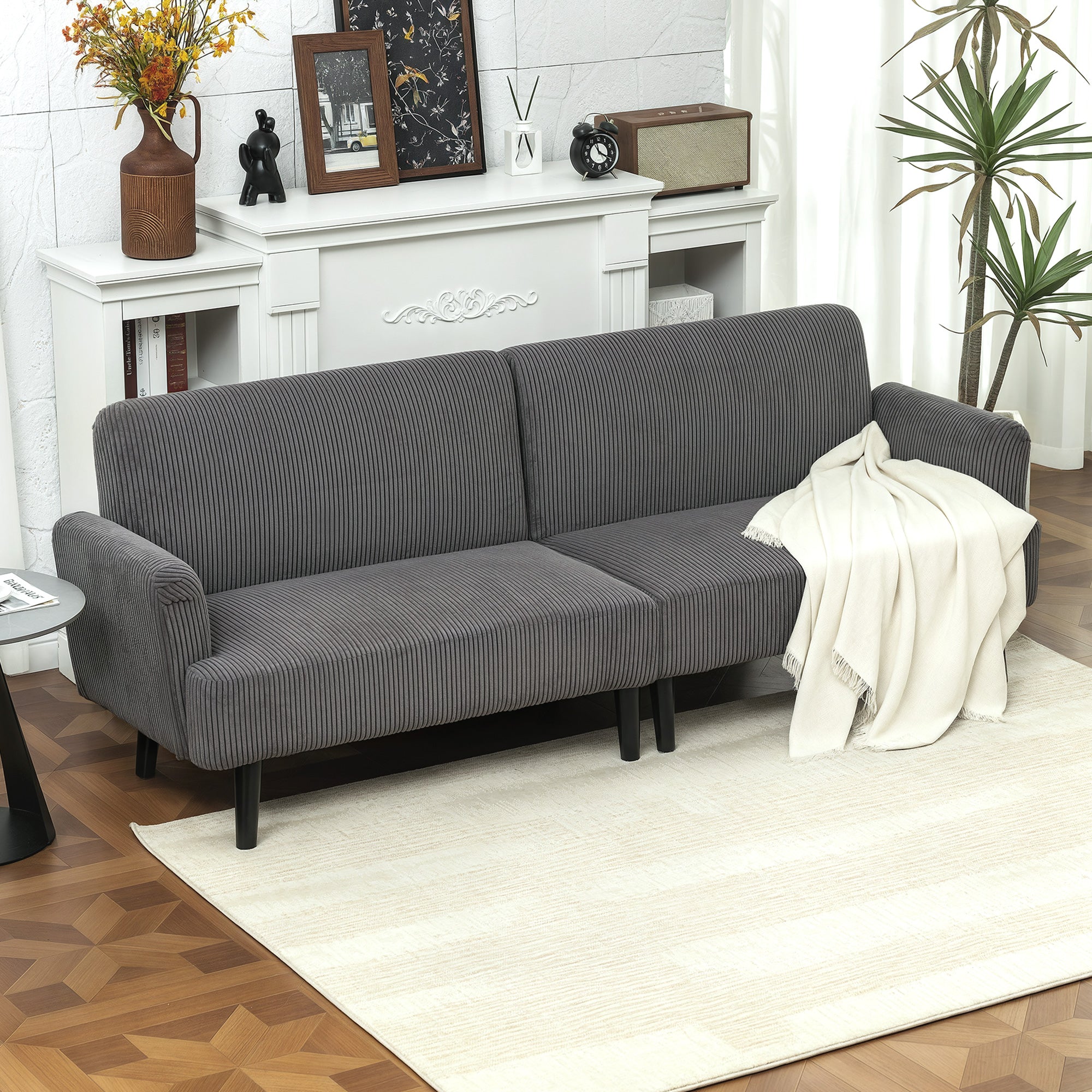 Modern 3 Seater Couch, Grey Corduroy Sofa with Rubberwood Legs & Extra-Wide Seat-DECOROLALA