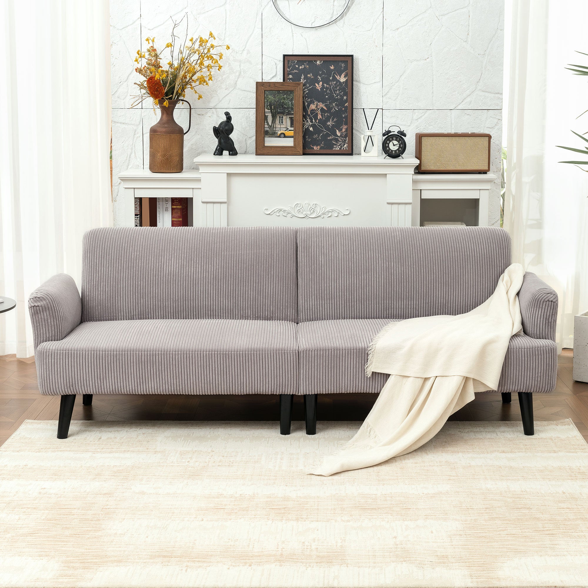Modern 3 Seater Couch, Grey Corduroy Sofa with Rubberwood Legs & Extra-Wide Seat-DECOROLALA