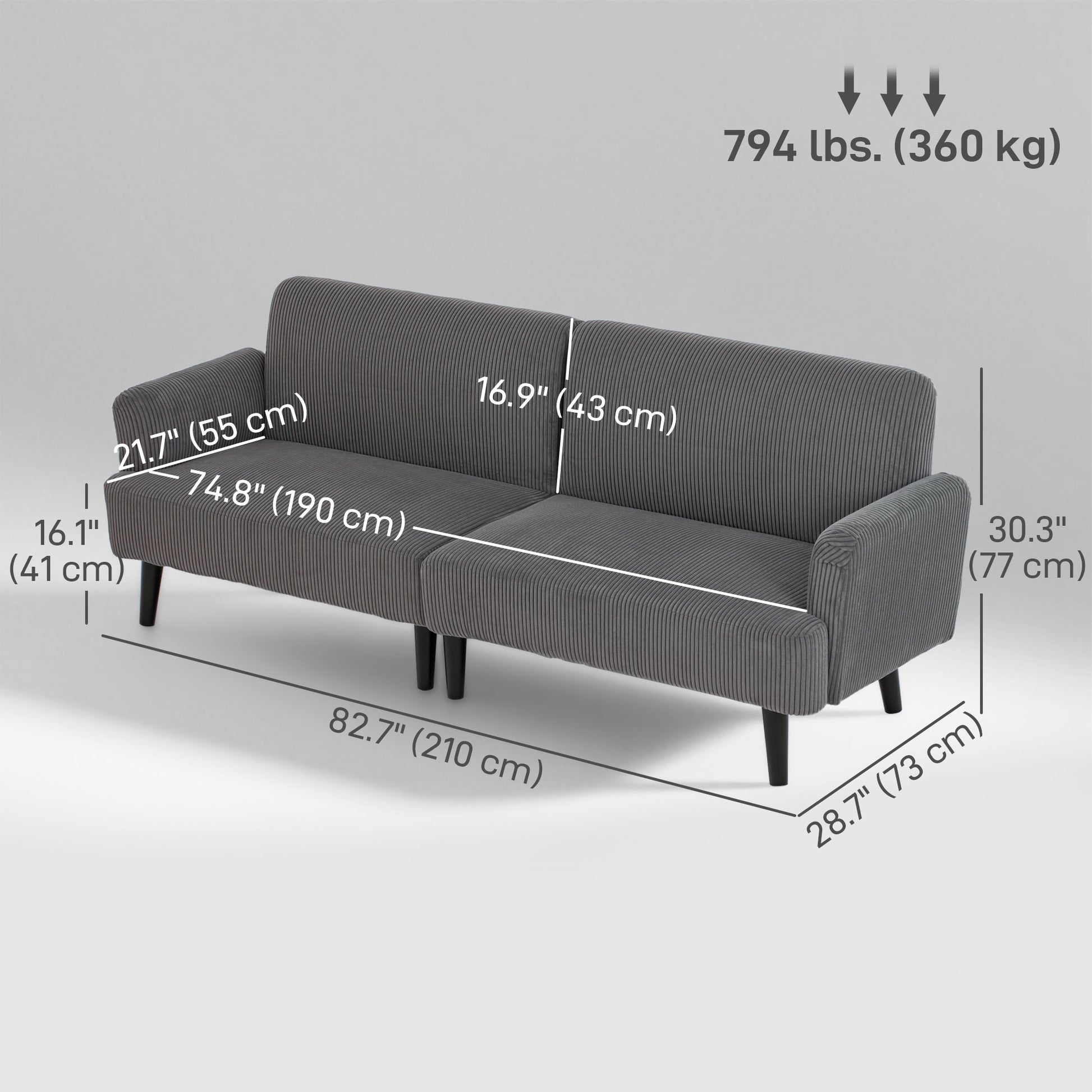 Modern 3 Seater Couch, Grey Corduroy Sofa with Rubberwood Legs & Extra-Wide Seat-DECOROLALA