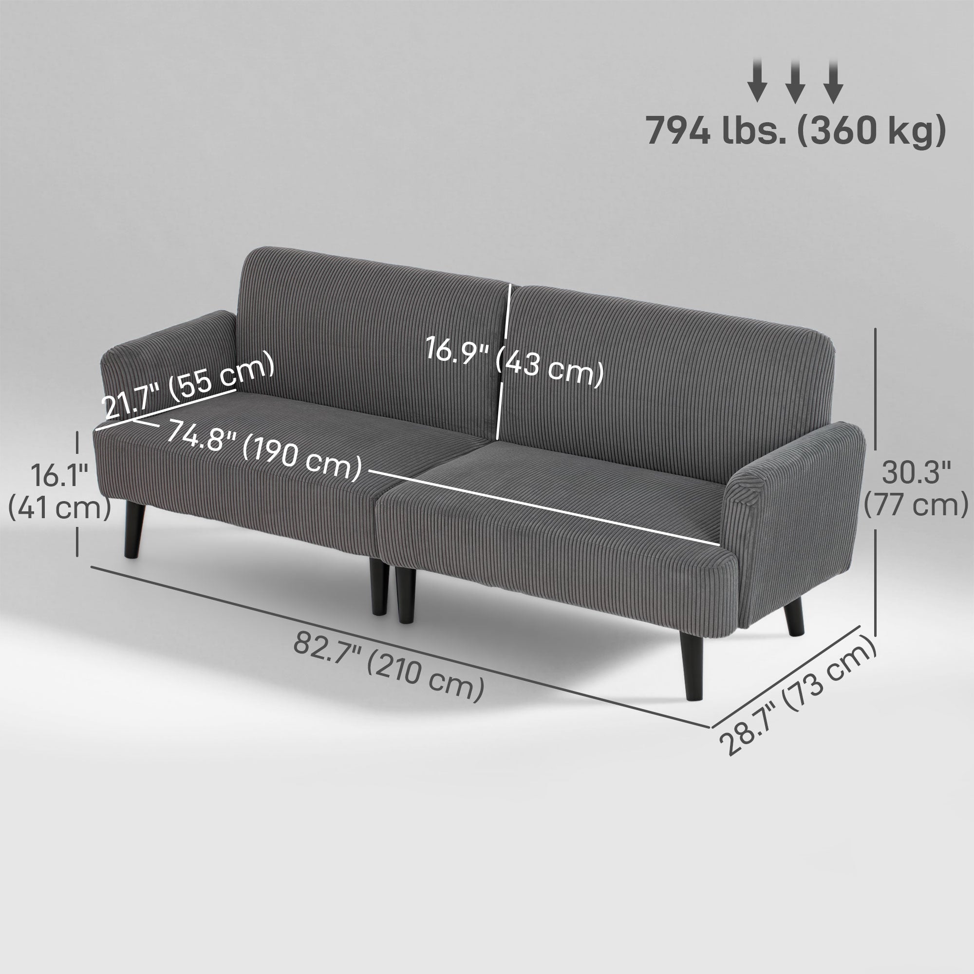 Modern 3 Seater Couch, Grey Corduroy Sofa with Rubberwood Legs & Extra-Wide Seat-DECOROLALA