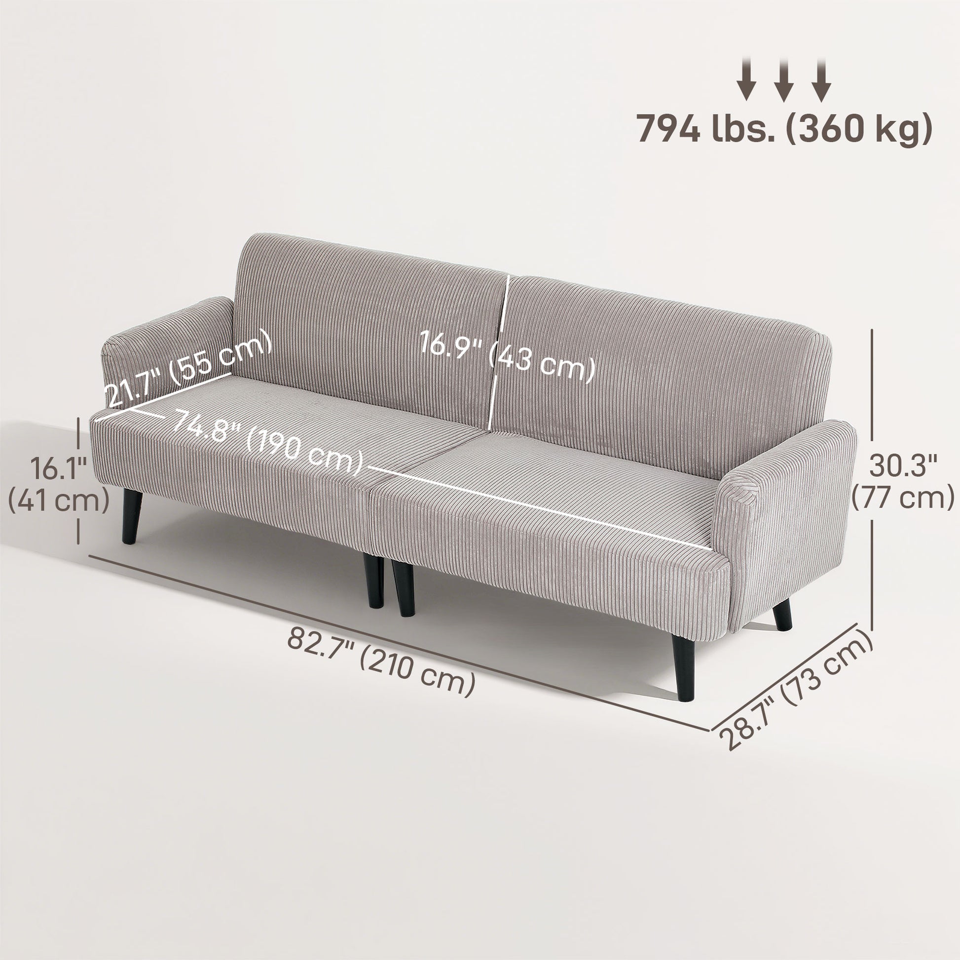 Modern 3 Seater Couch, Grey Corduroy Sofa with Rubberwood Legs & Extra-Wide Seat-DECOROLALA