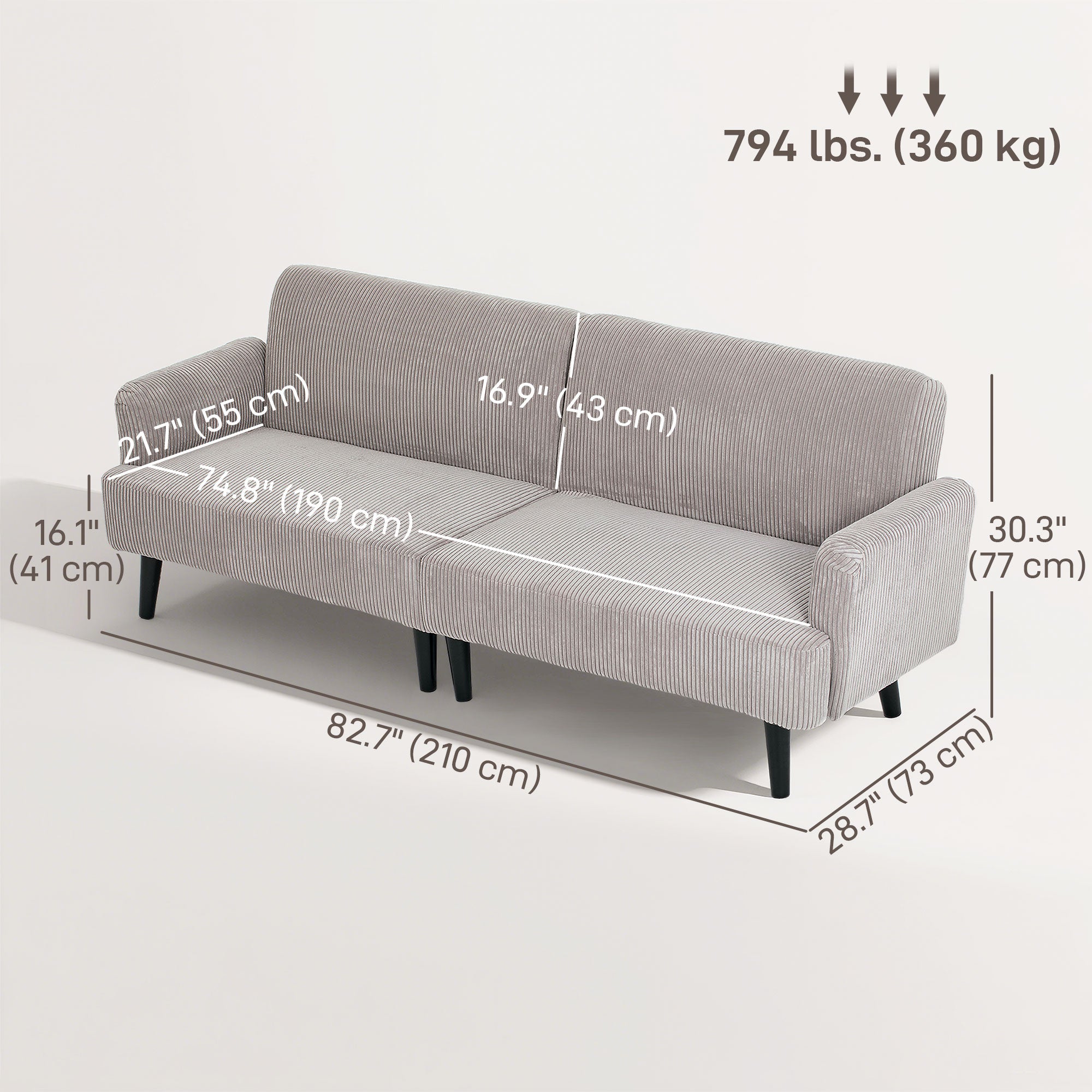 Modern 3 Seater Couch, Grey Corduroy Sofa with Rubberwood Legs & Extra-Wide Seat-DECOROLALA