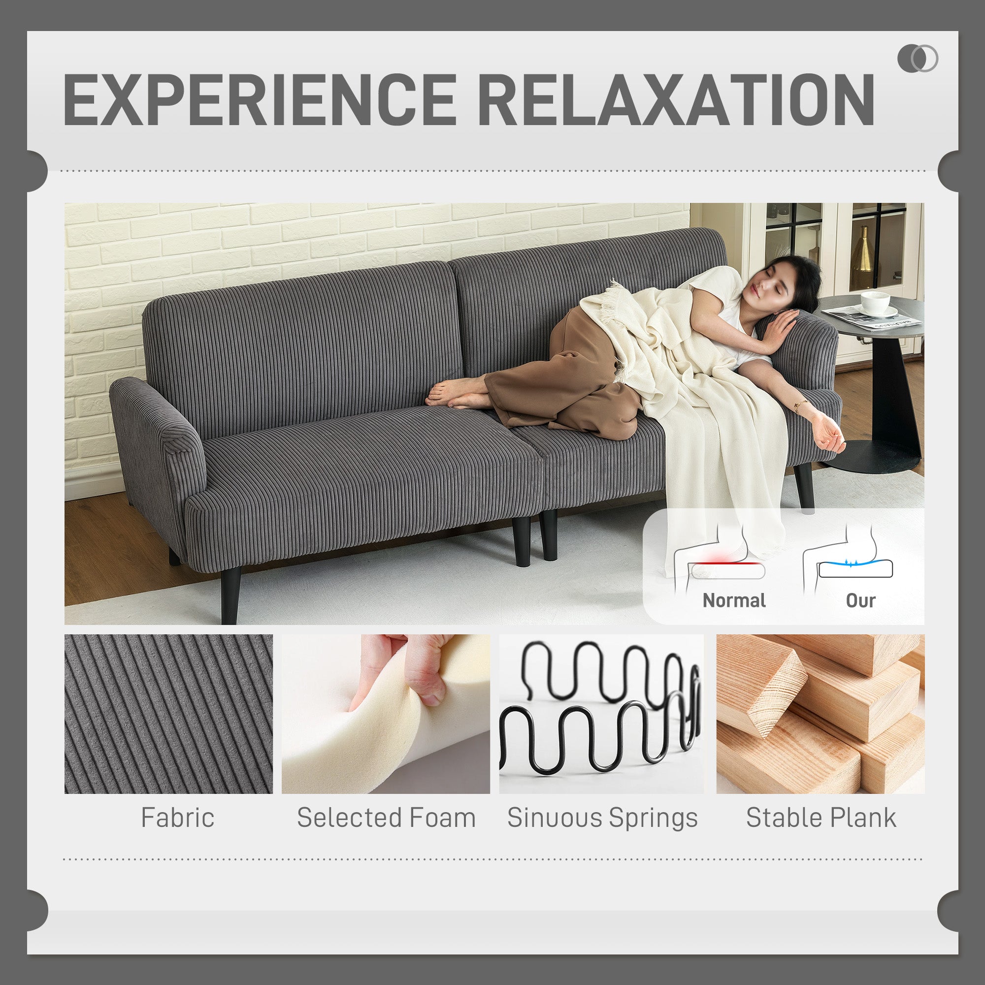 Modern 3 Seater Couch, Grey Corduroy Sofa with Rubberwood Legs & Extra-Wide Seat-DECOROLALA