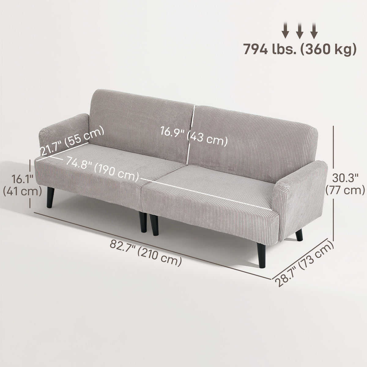 Modern 3 Seater Couch, Grey Corduroy Sofa with Rubberwood Legs & Extra-Wide Seat-DECOROLALA