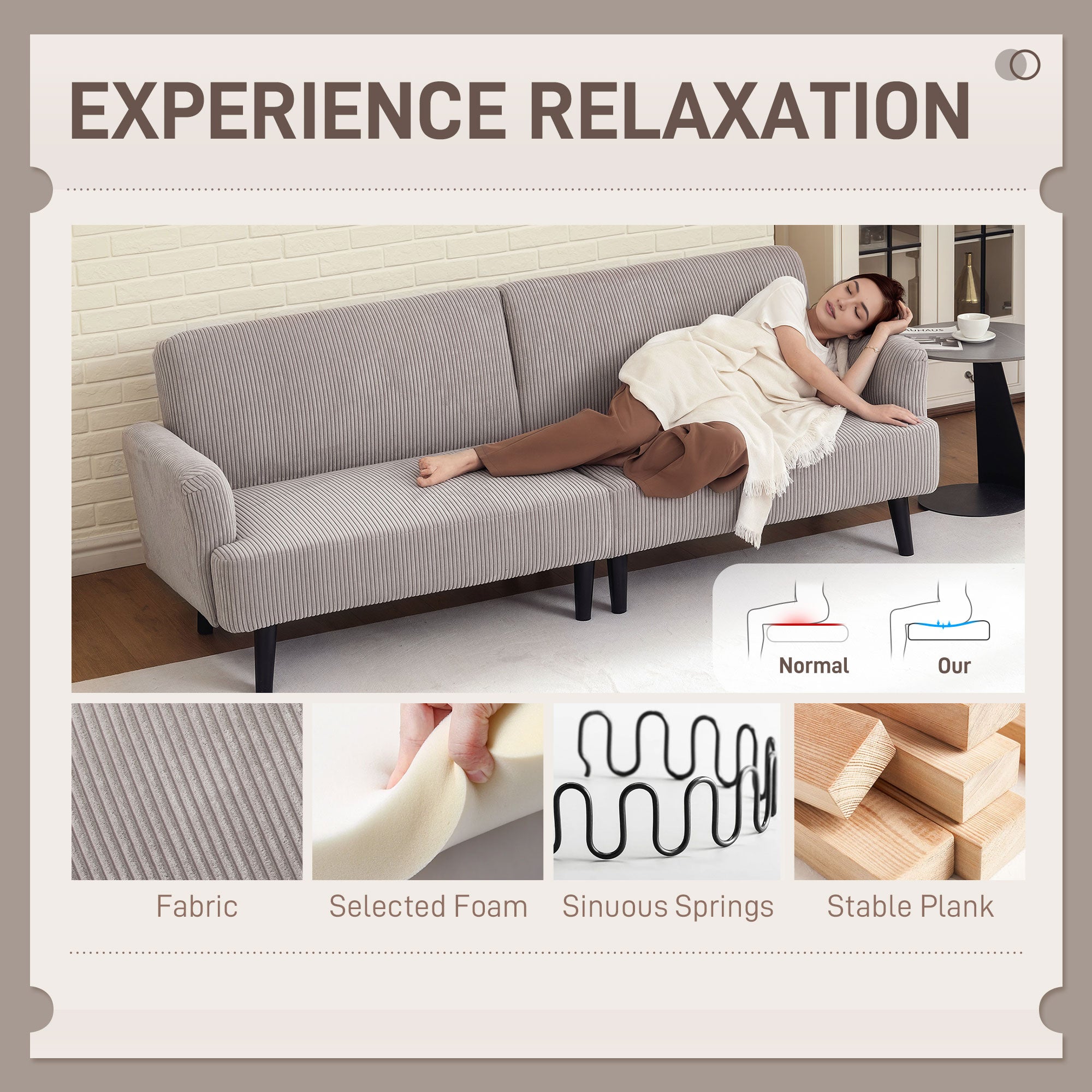 Modern 3 Seater Couch, Grey Corduroy Sofa with Rubberwood Legs & Extra-Wide Seat-DECOROLALA