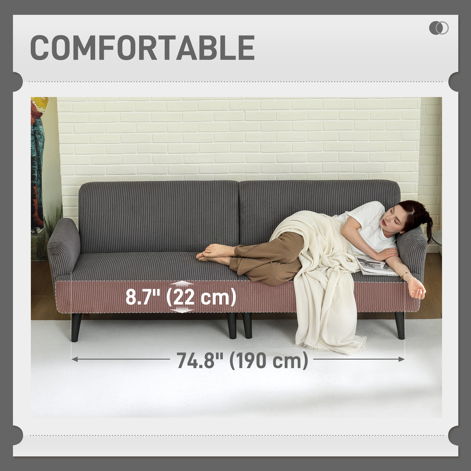 Modern 3 Seater Couch, Grey Corduroy Sofa with Rubberwood Legs & Extra-Wide Seat-DECOROLALA