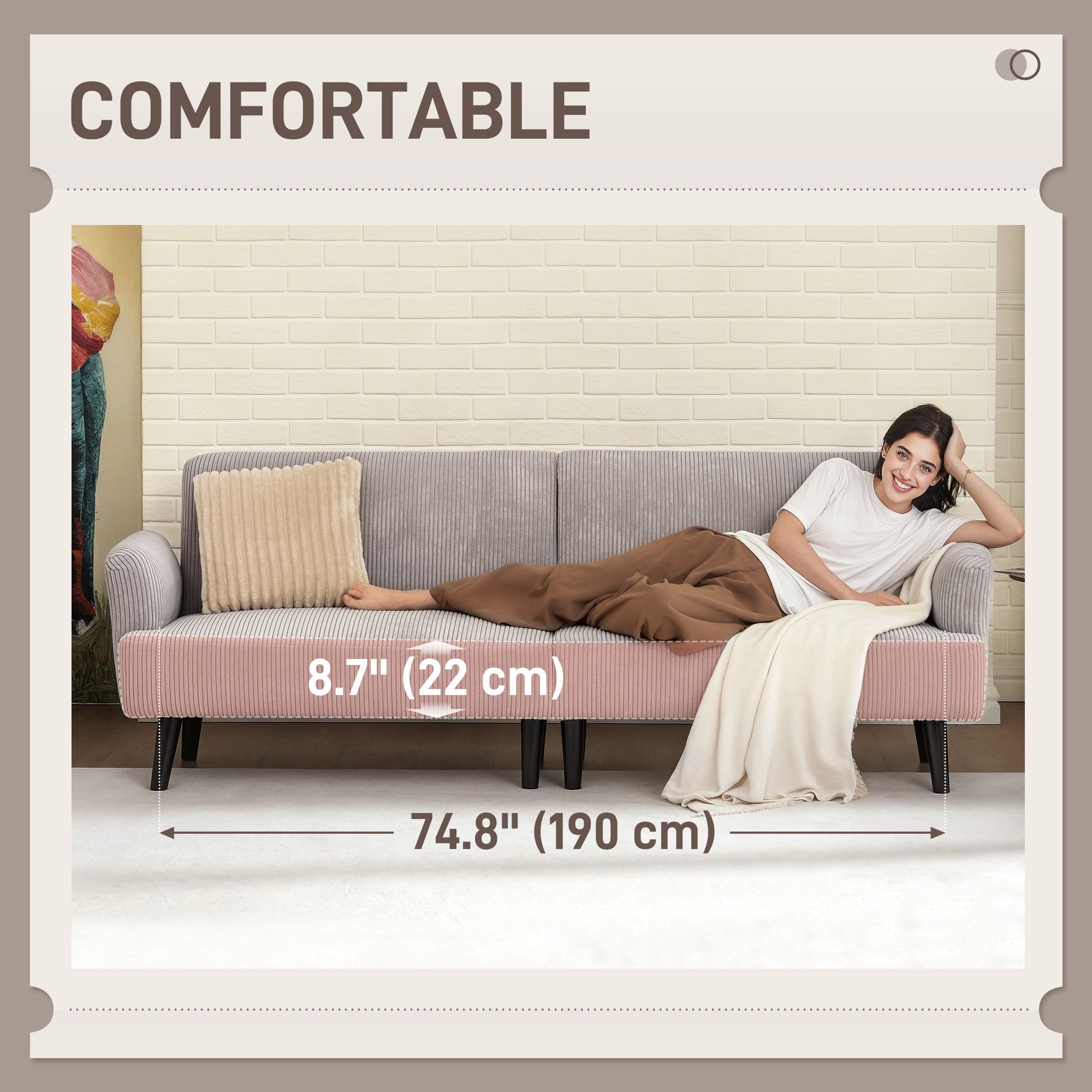Modern 3 Seater Couch, Grey Corduroy Sofa with Rubberwood Legs & Extra-Wide Seat-DECOROLALA