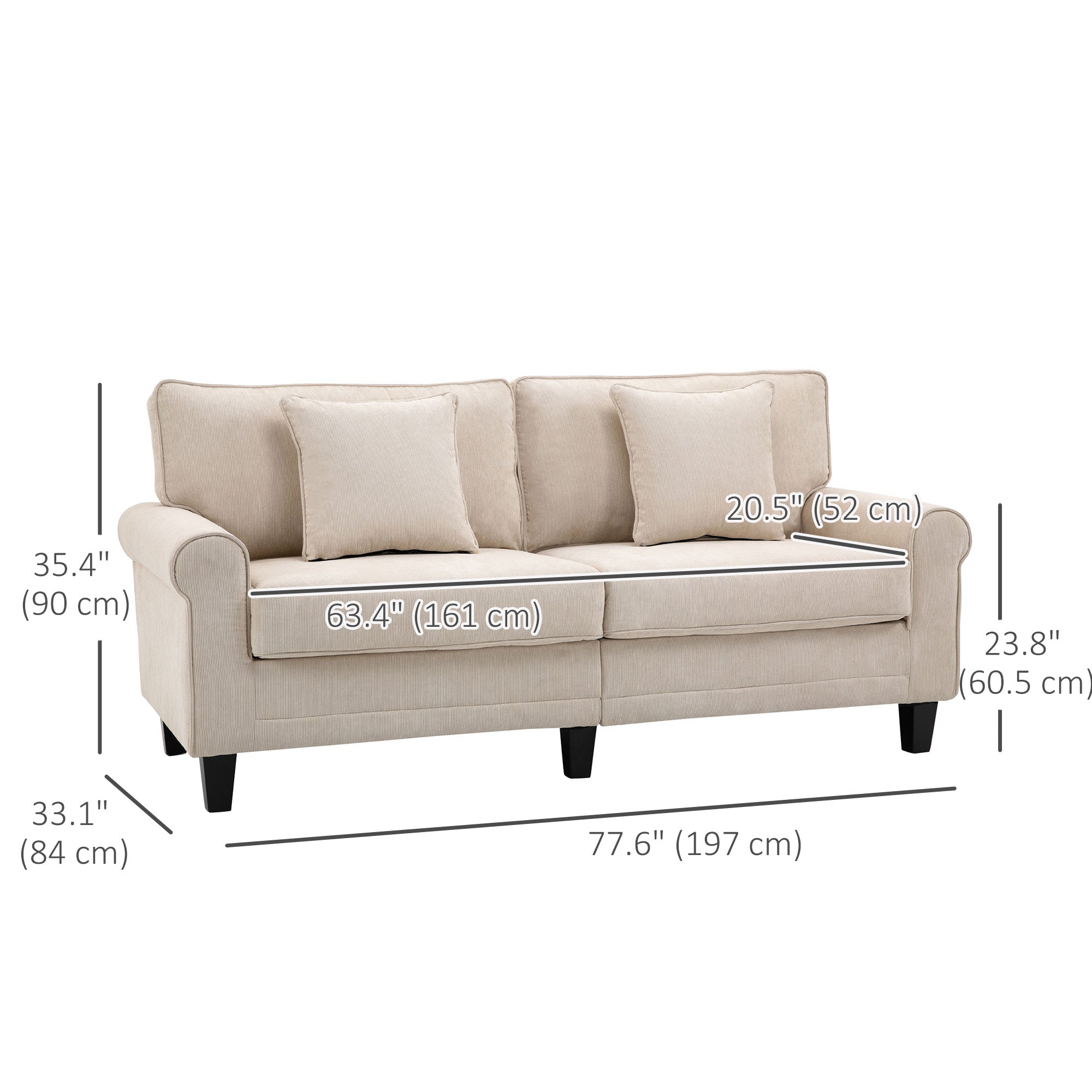 Modern 3-Seater Sofa, Beige Corduroy Couch with Pine Legs & Rolled Arms for Living Room-DECOROLALA