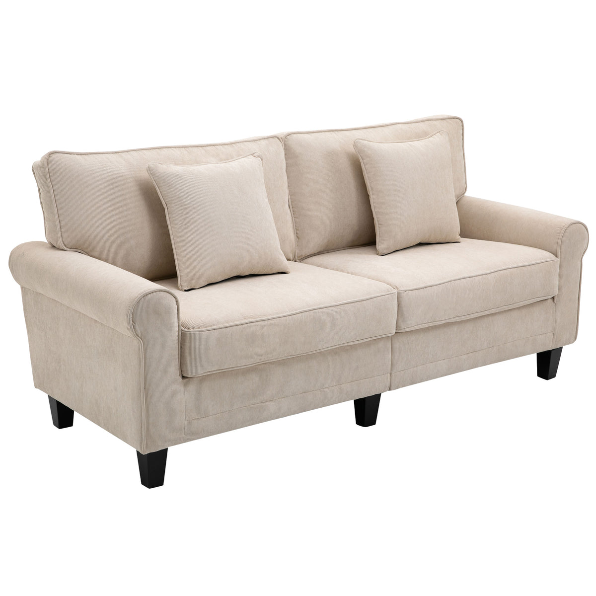 Modern 3-Seater Sofa, Beige Corduroy Couch with Pine Legs & Rolled Arms for Living Room-DECOROLALA