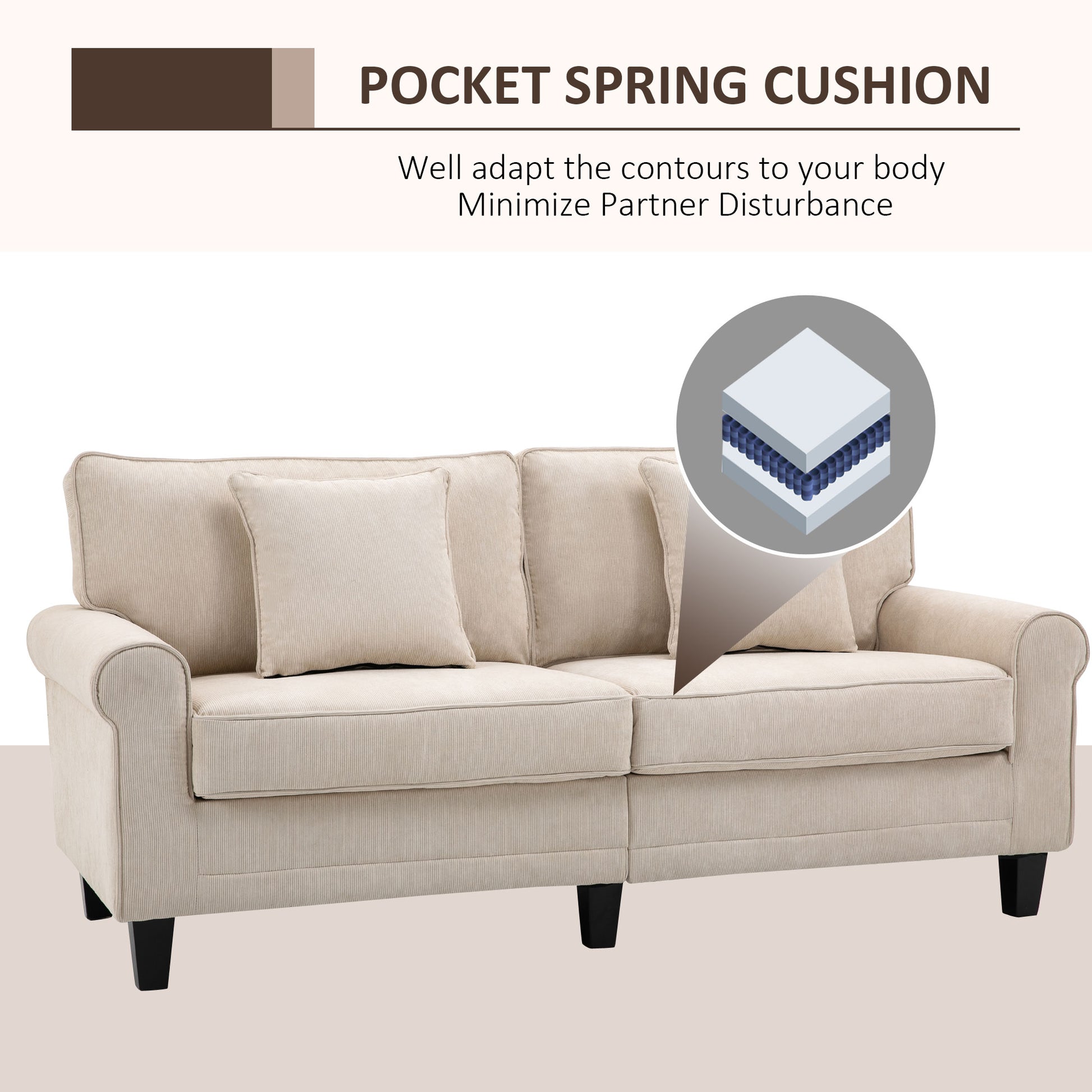 Modern 3-Seater Sofa, Beige Corduroy Couch with Pine Legs & Rolled Arms for Living Room-DECOROLALA