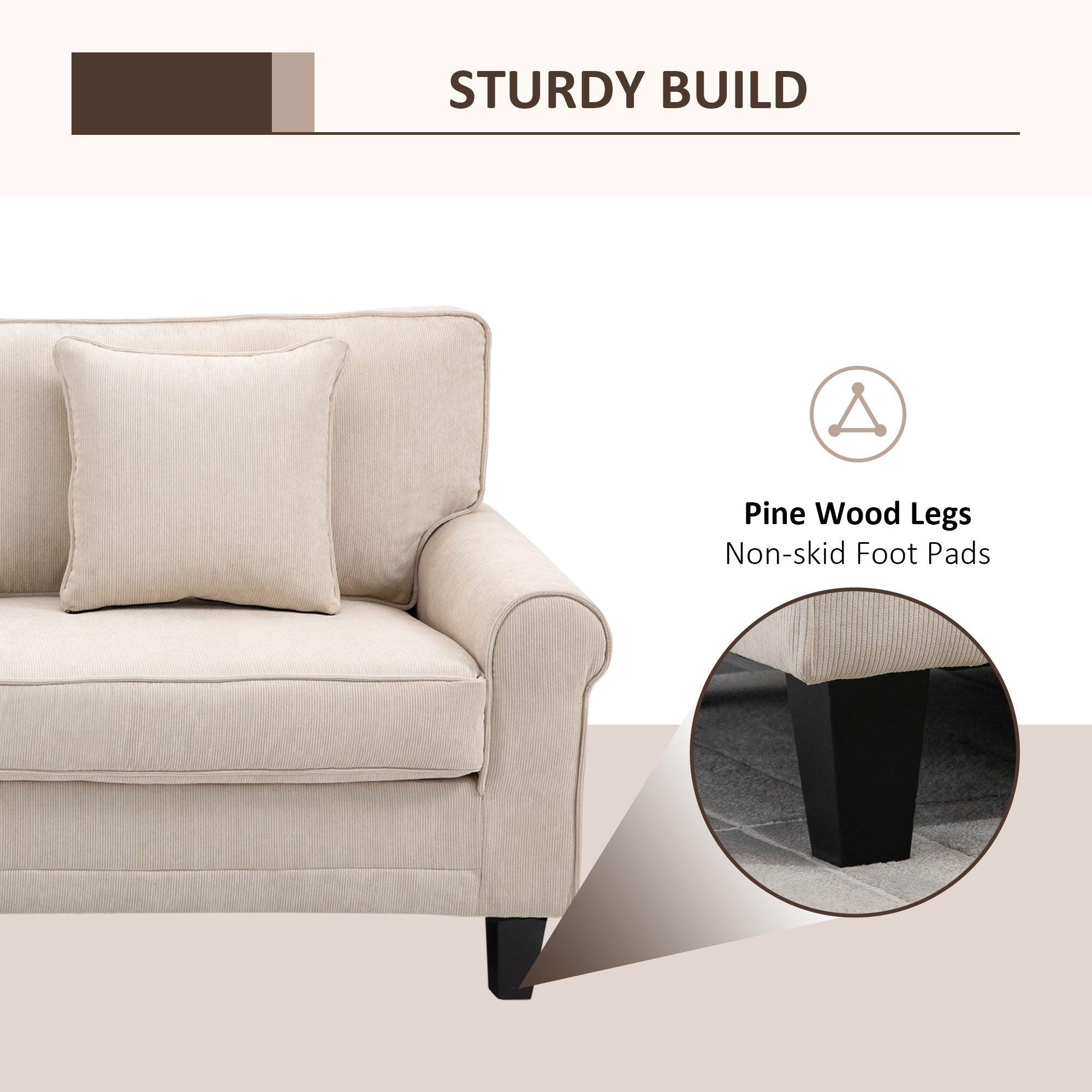 Modern 3-Seater Sofa, Beige Corduroy Couch with Pine Legs & Rolled Arms for Living Room-DECOROLALA