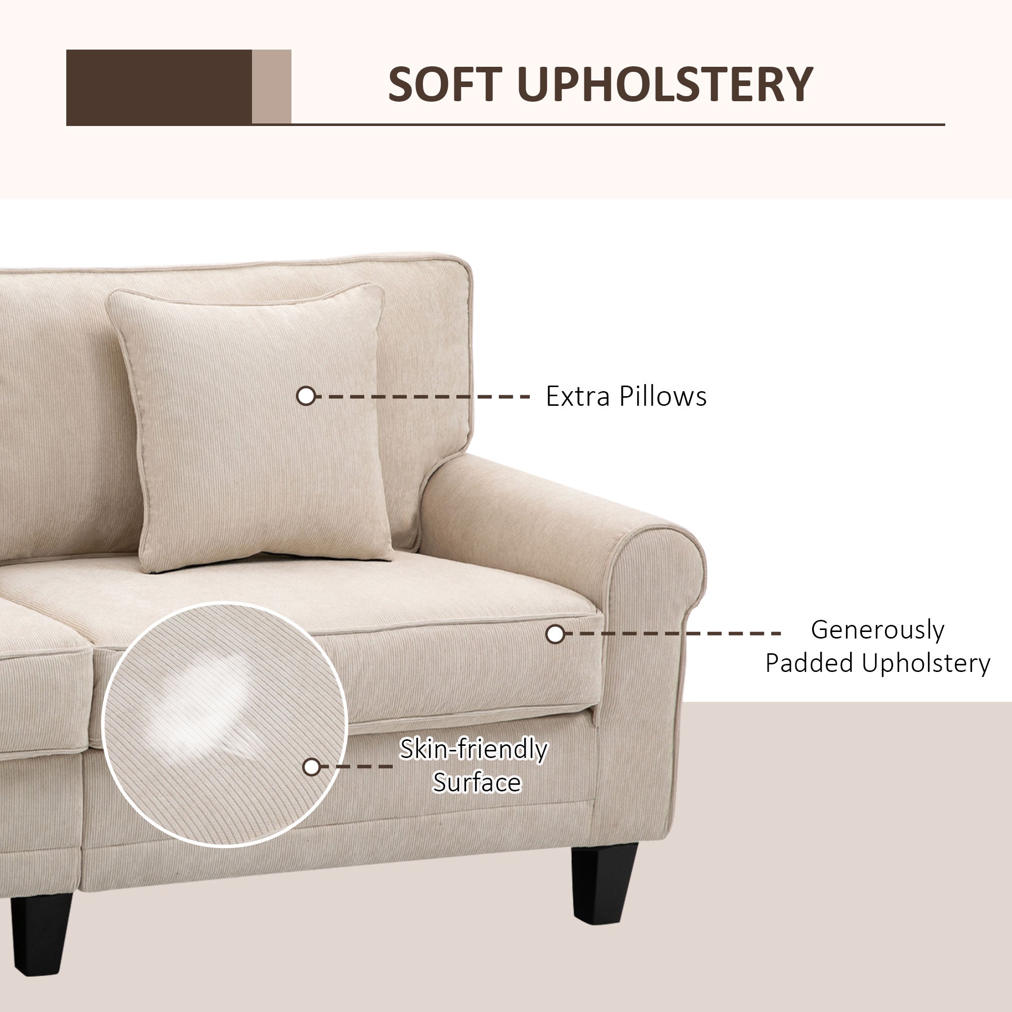 Modern 3-Seater Sofa, Beige Corduroy Couch with Pine Legs & Rolled Arms for Living Room-DECOROLALA