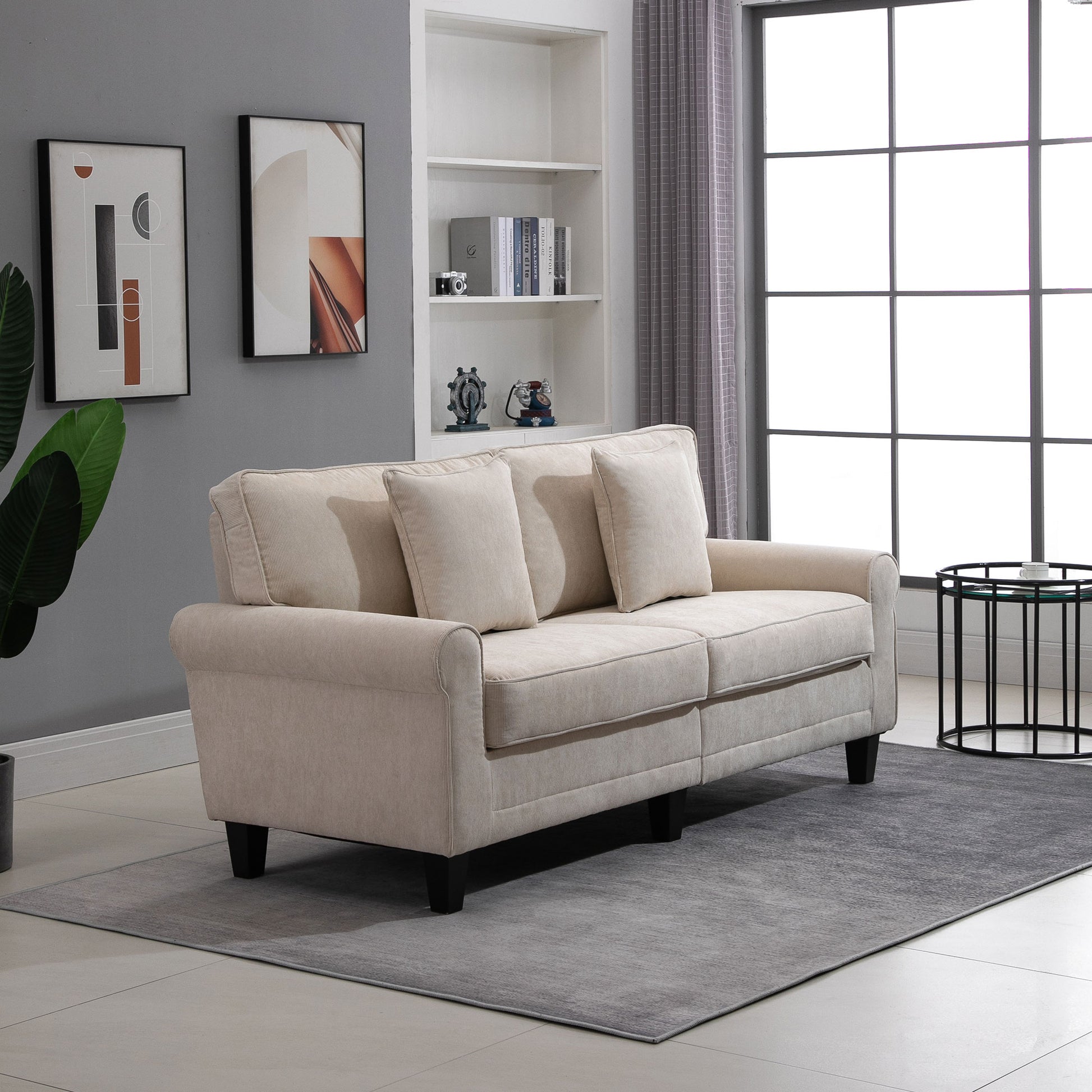 Modern 3-Seater Sofa, Beige Corduroy Couch with Pine Legs & Rolled Arms for Living Room-DECOROLALA