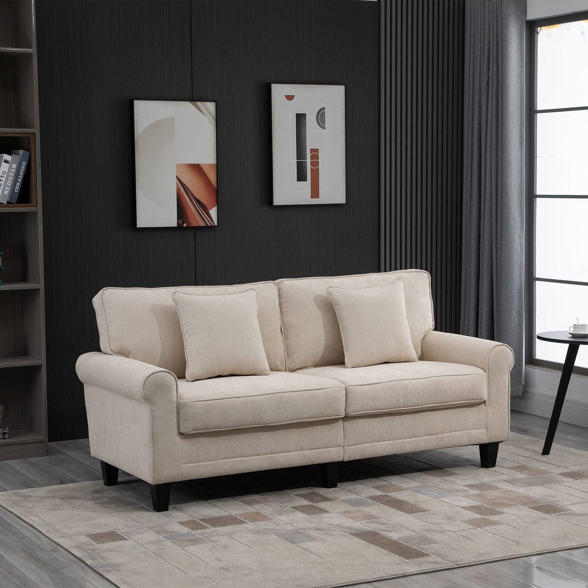 Modern 3-Seater Sofa, Beige Corduroy Couch with Pine Legs & Rolled Arms for Living Room-DECOROLALA