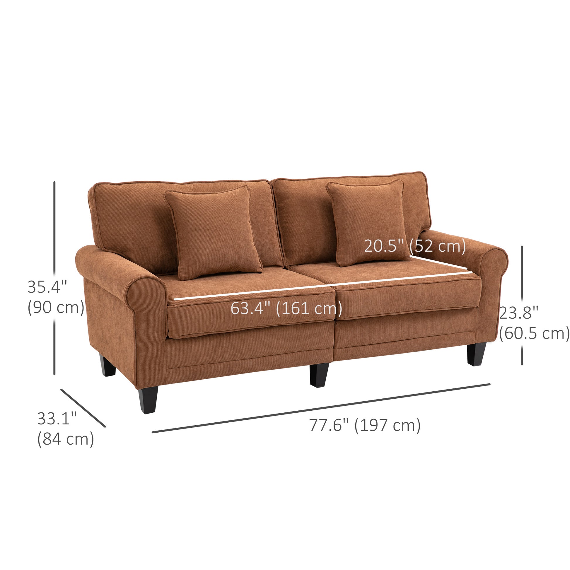 Modern 3 Seater Sofa, Brown Corduroy with Pine Legs, Rolled Arms for Living Room-DECOROLALA