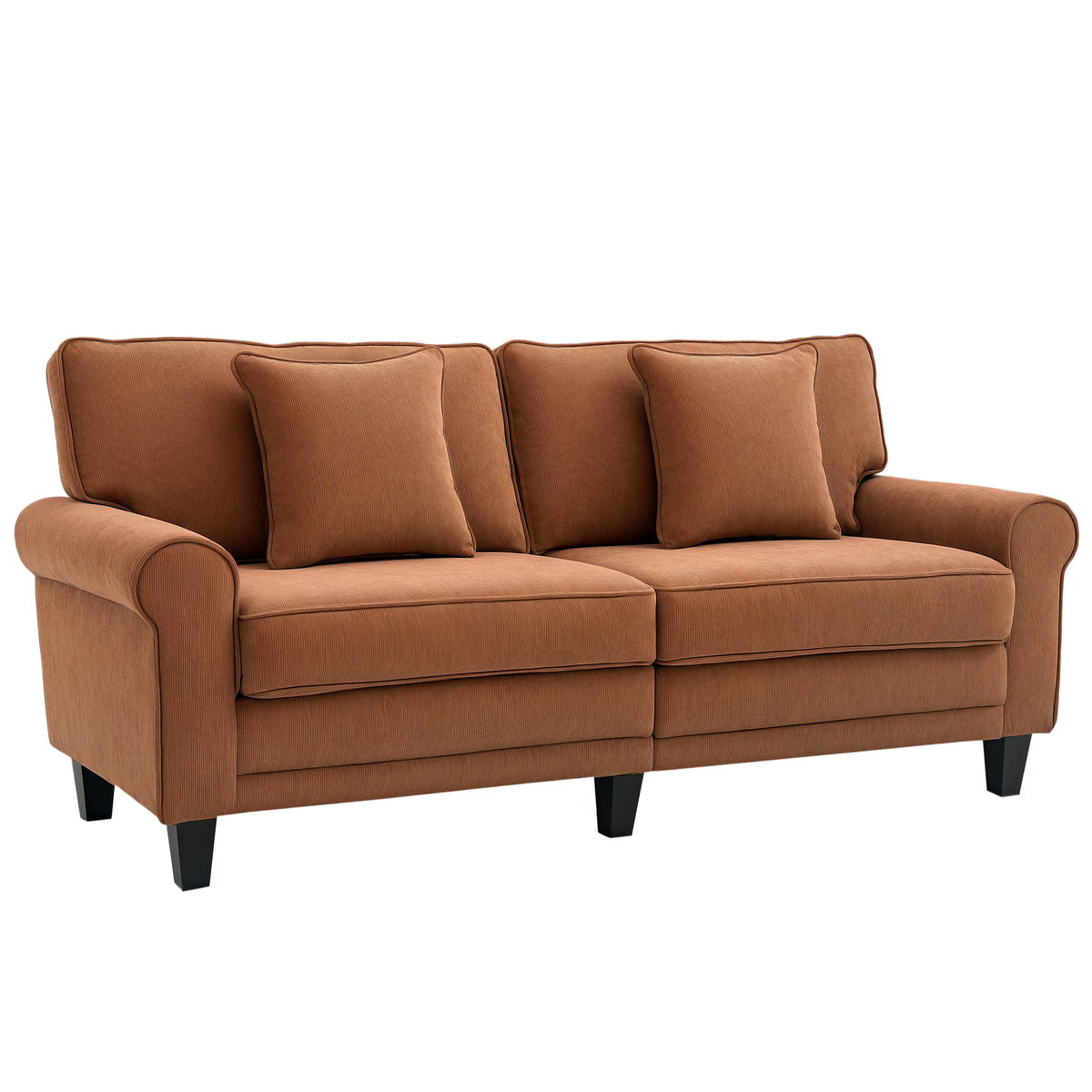 Modern 3 Seater Sofa, Brown Corduroy with Pine Legs, Rolled Arms for Living Room-DECOROLALA