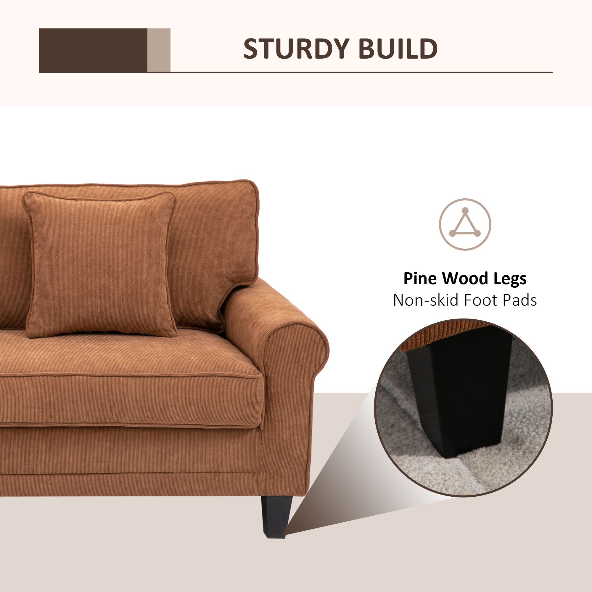 Modern 3 Seater Sofa, Brown Corduroy with Pine Legs, Rolled Arms for Living Room-DECOROLALA