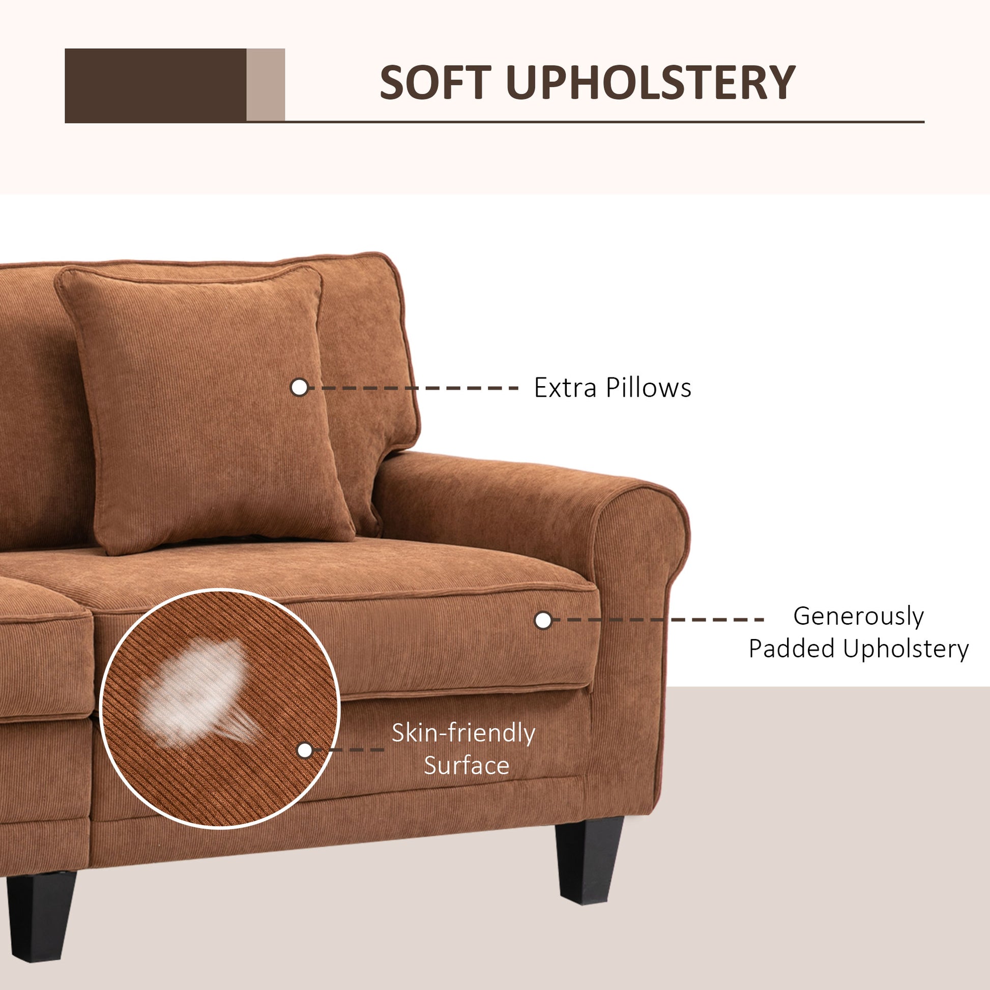 Modern 3 Seater Sofa, Brown Corduroy with Pine Legs, Rolled Arms for Living Room-DECOROLALA