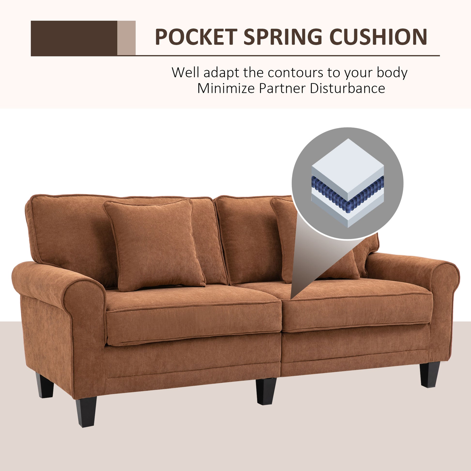 Modern 3 Seater Sofa, Brown Corduroy with Pine Legs, Rolled Arms for Living Room-DECOROLALA
