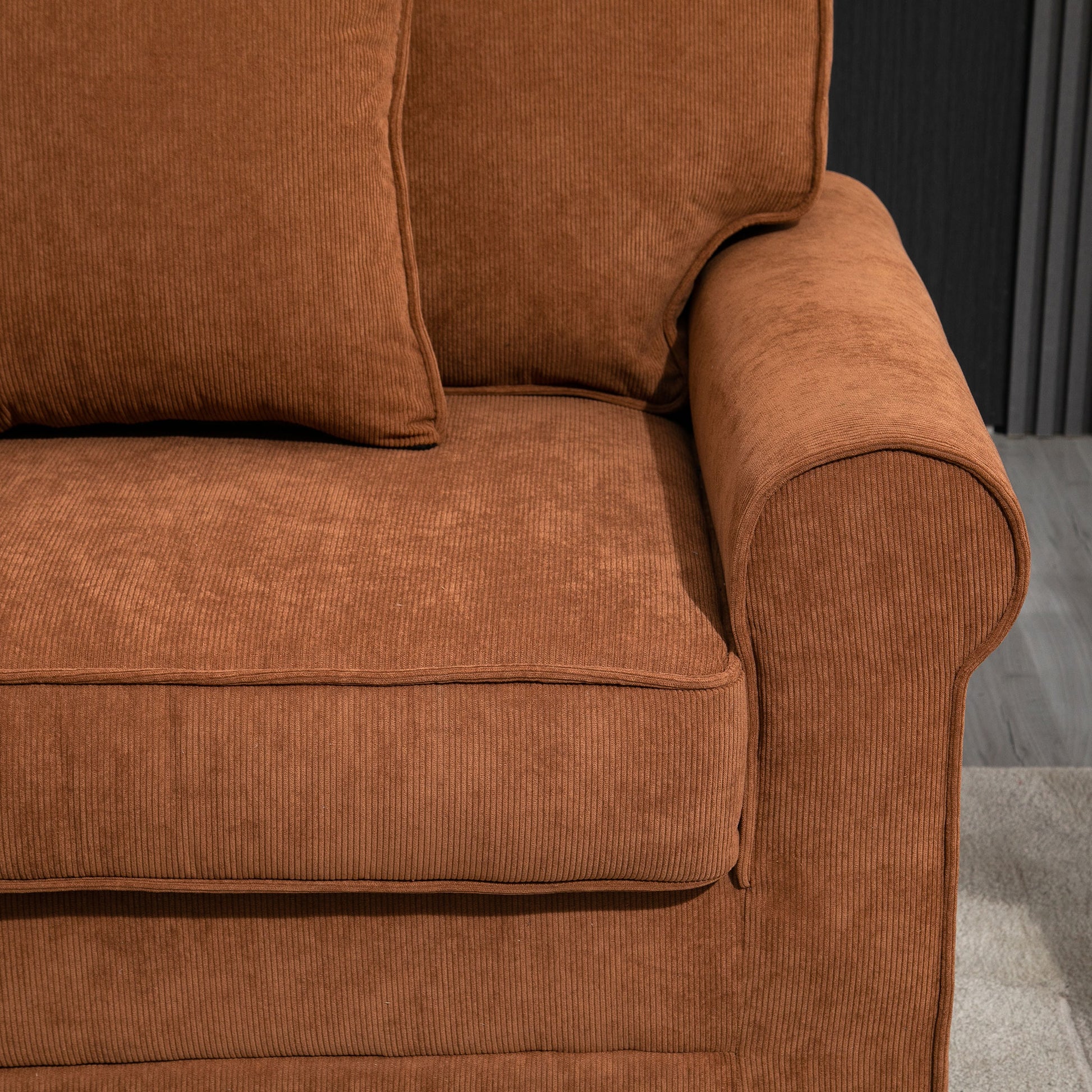 Modern 3 Seater Sofa, Brown Corduroy with Pine Legs, Rolled Arms for Living Room-DECOROLALA