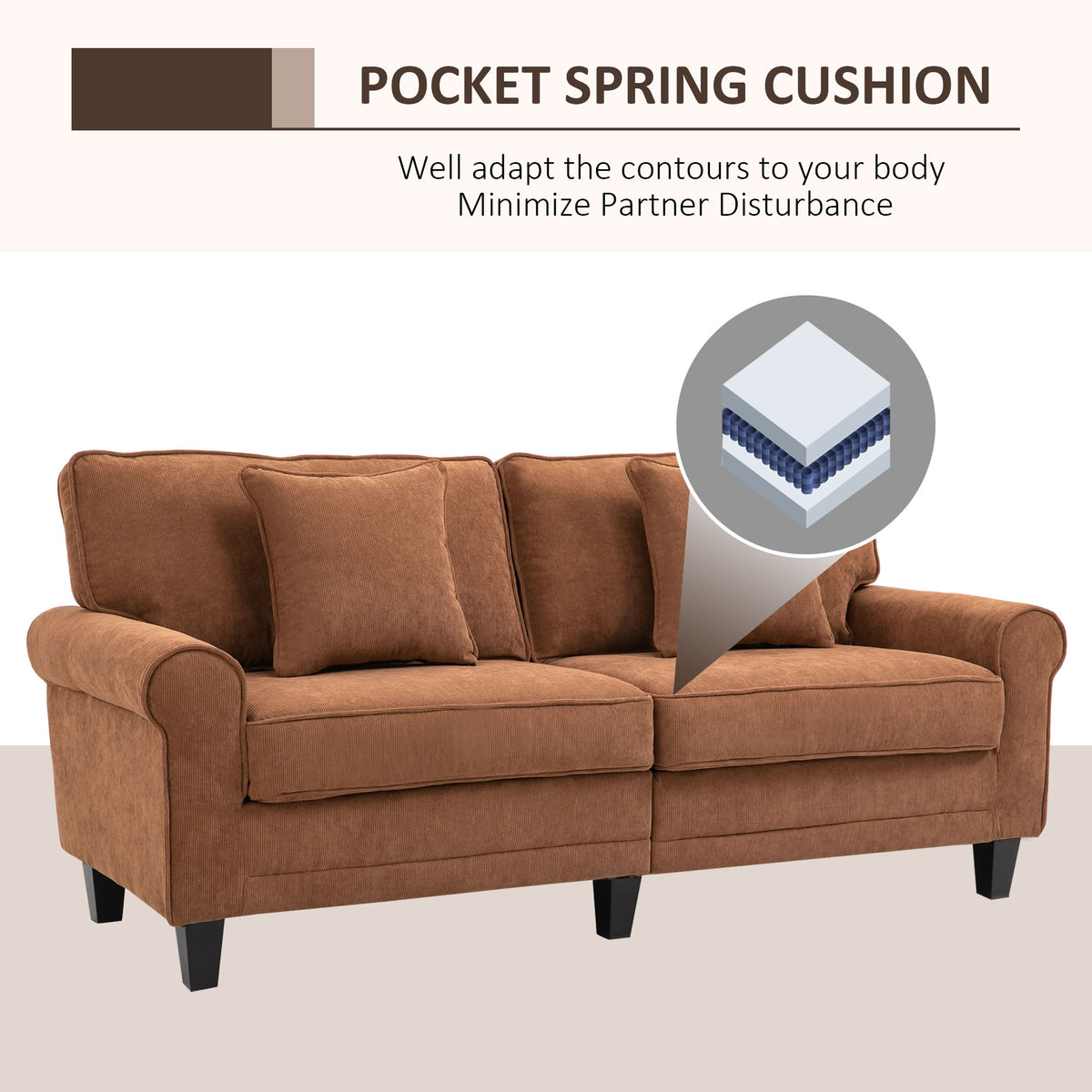Modern 3 Seater Sofa, Brown Corduroy with Pine Legs, Rolled Arms for Living Room-DECOROLALA