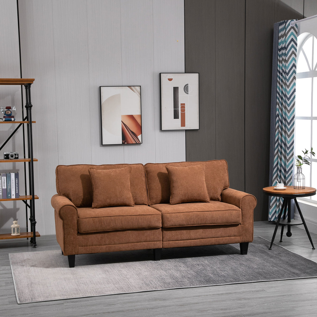 Modern 3 Seater Sofa, Brown Corduroy with Pine Legs, Rolled Arms for Living Room-DECOROLALA