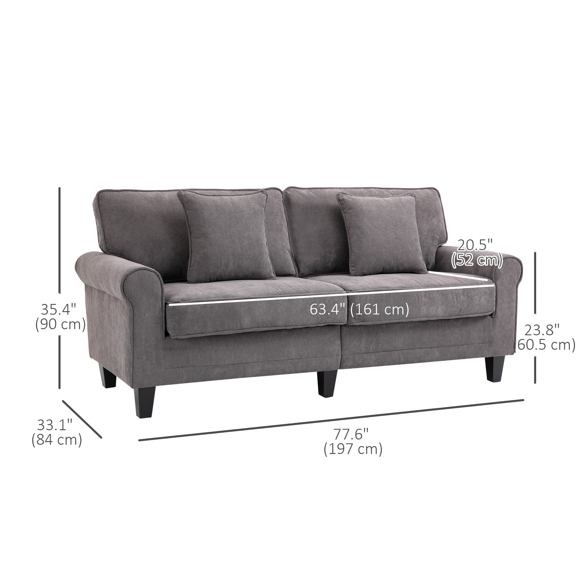 Modern 3 Seater Sofa - Light Grey Corduroy with Pine Legs & Rolled Arms-DECOROLALA