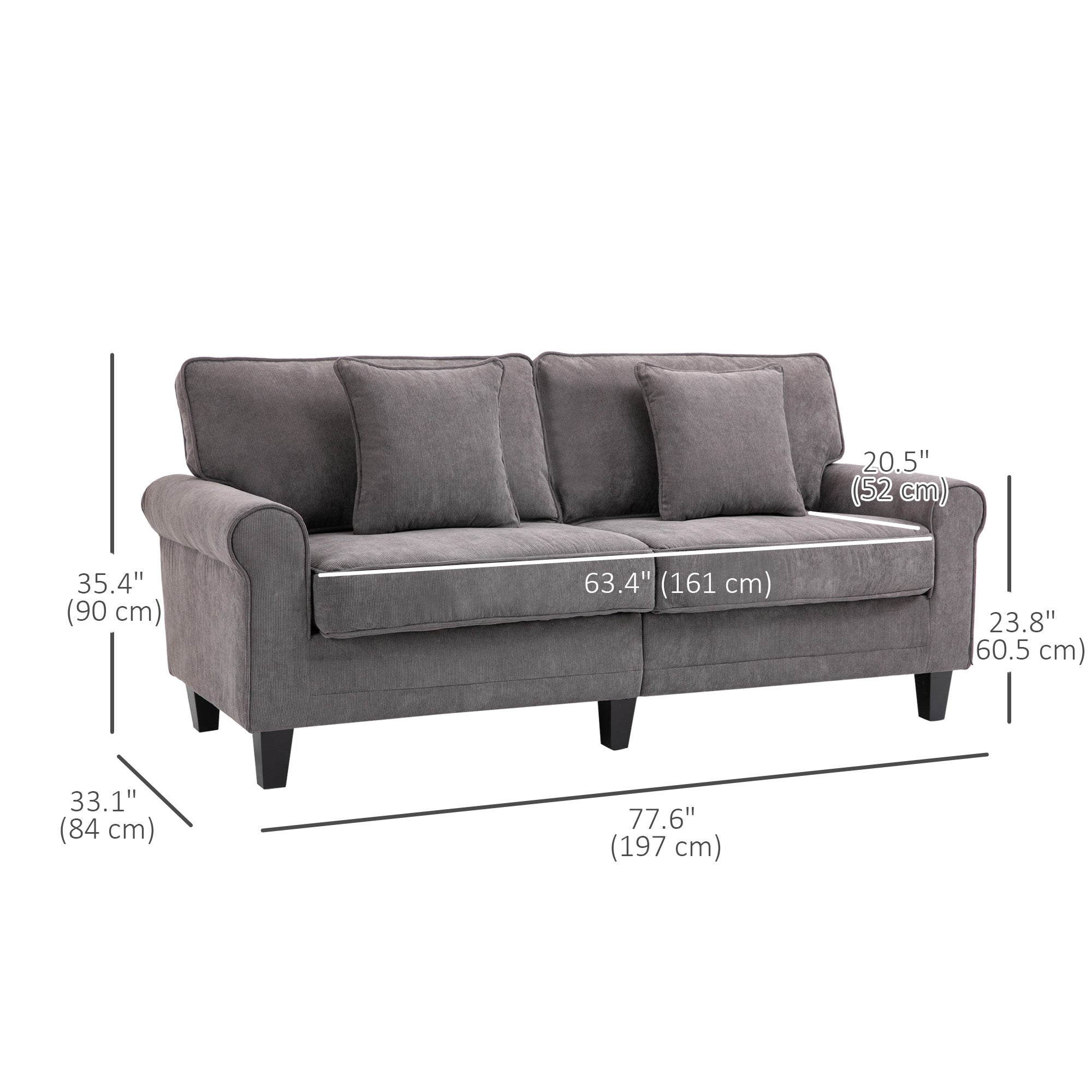Modern 3 Seater Sofa - Light Grey Corduroy with Pine Legs & Rolled Arms-DECOROLALA