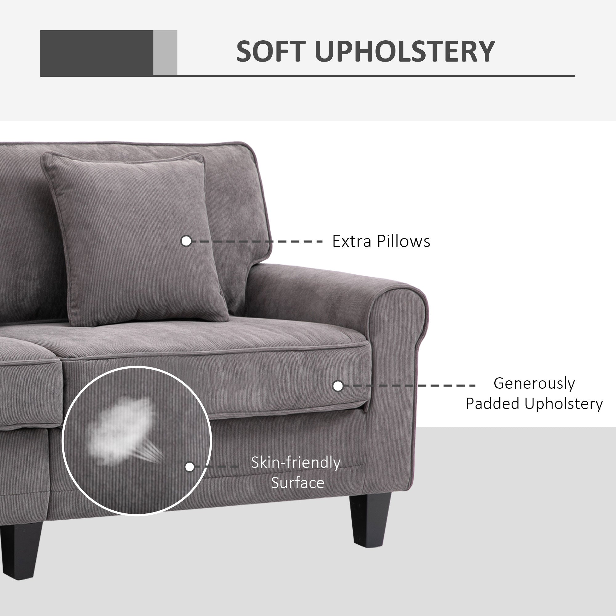 Modern 3 Seater Sofa - Light Grey Corduroy with Pine Legs & Rolled Arms-DECOROLALA