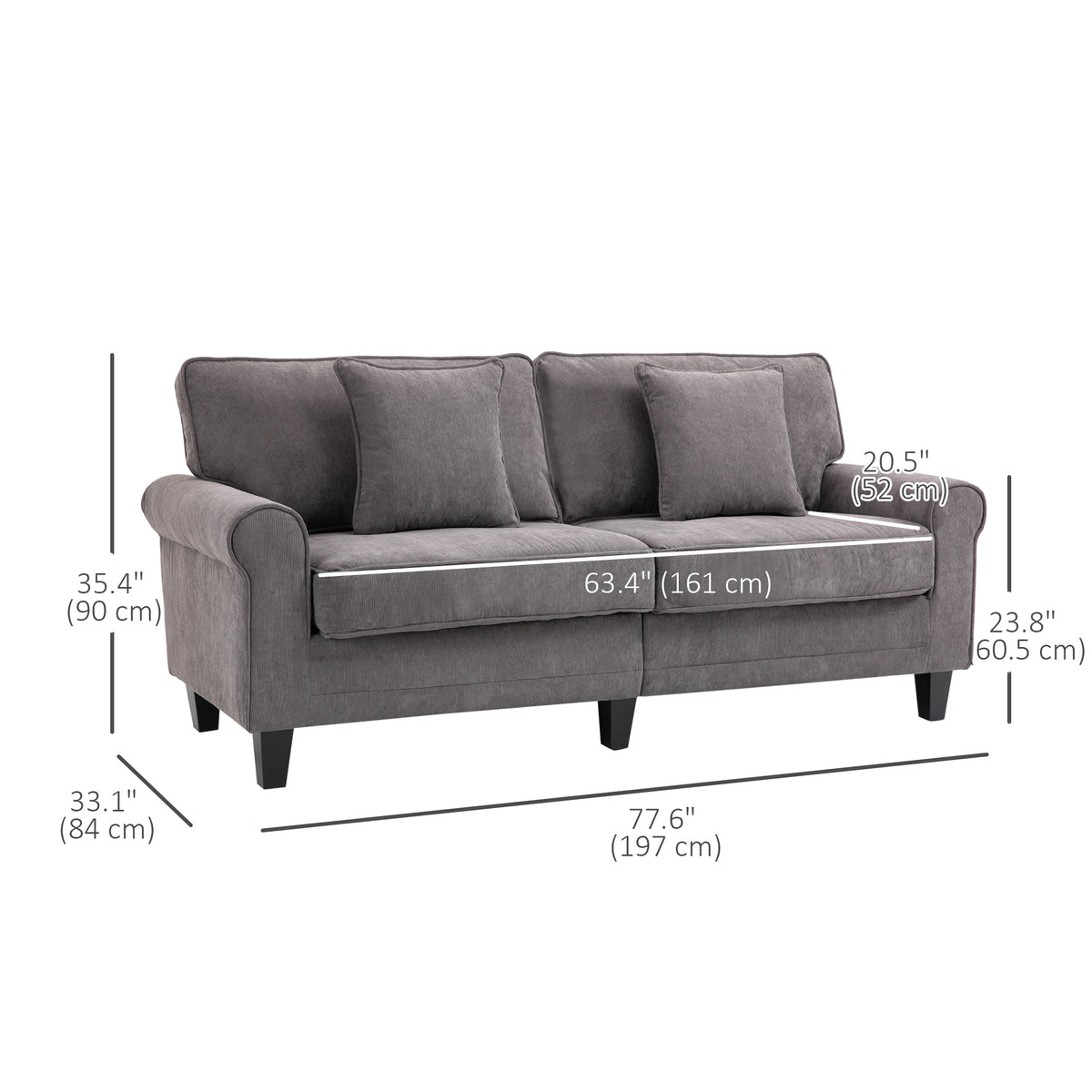 Modern 3 Seater Sofa - Light Grey Corduroy with Pine Legs & Rolled Arms-DECOROLALA