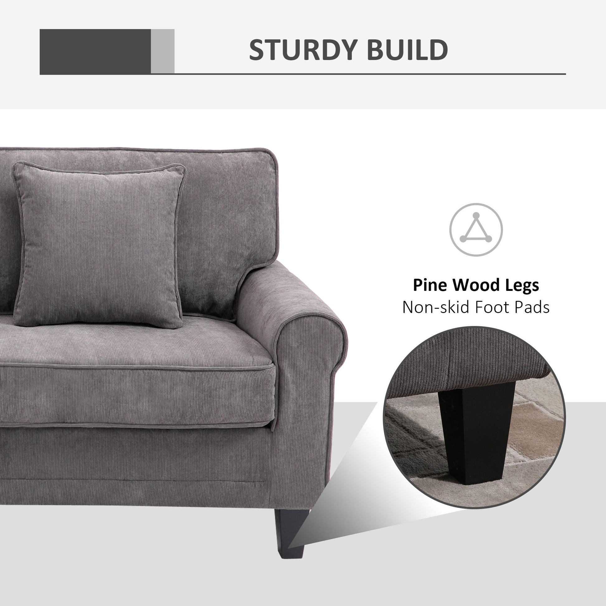 Modern 3 Seater Sofa - Light Grey Corduroy with Pine Legs & Rolled Arms-DECOROLALA