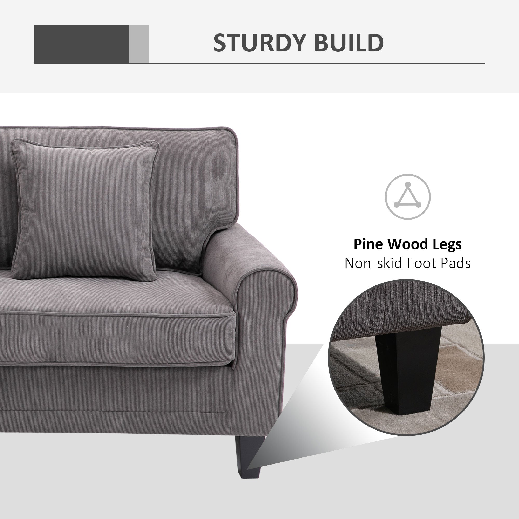 Modern 3 Seater Sofa - Light Grey Corduroy with Pine Legs & Rolled Arms-DECOROLALA