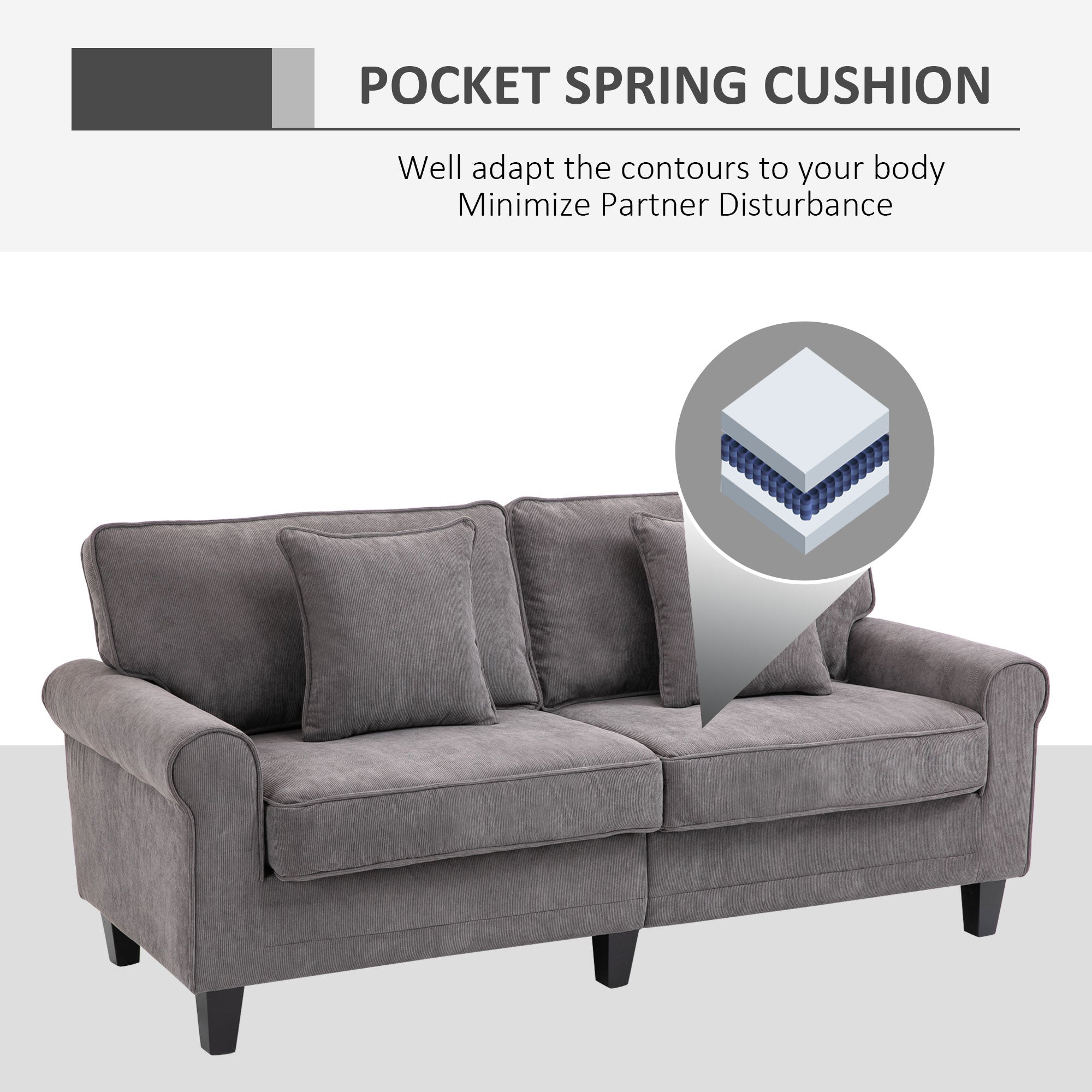 Modern 3 Seater Sofa - Light Grey Corduroy with Pine Legs & Rolled Arms-DECOROLALA