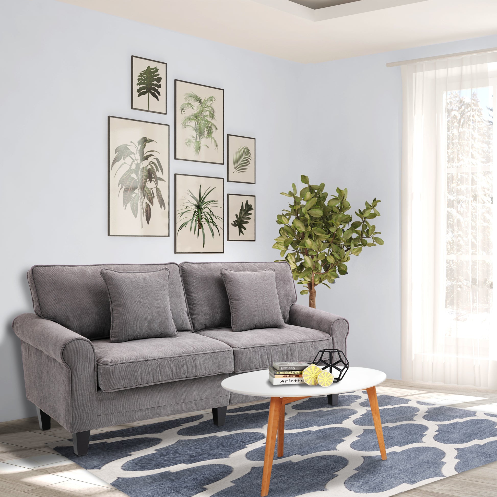 Modern 3 Seater Sofa - Light Grey Corduroy with Pine Legs & Rolled Arms-DECOROLALA