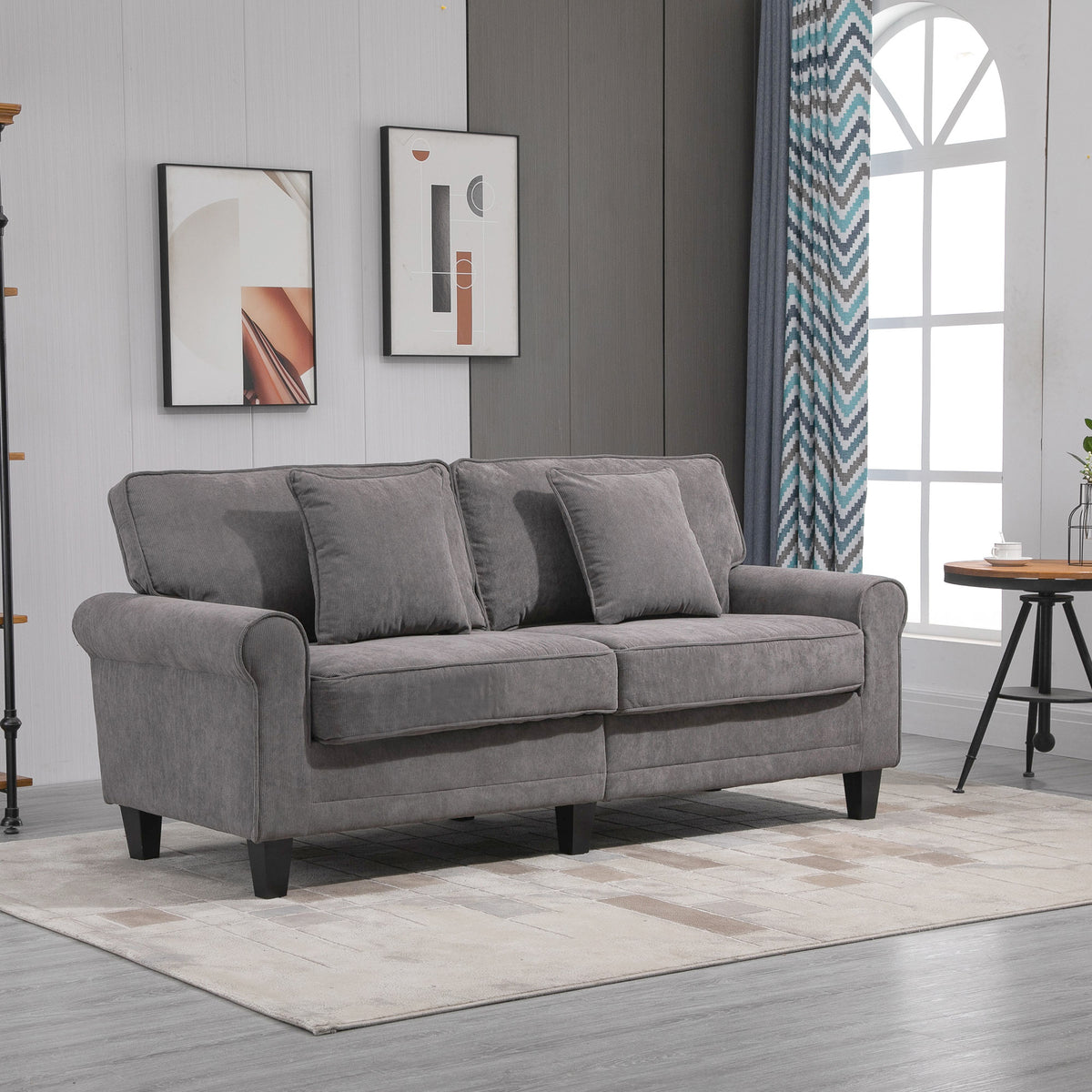 Modern 3 Seater Sofa - Light Grey Corduroy with Pine Legs & Rolled Arms-DECOROLALA