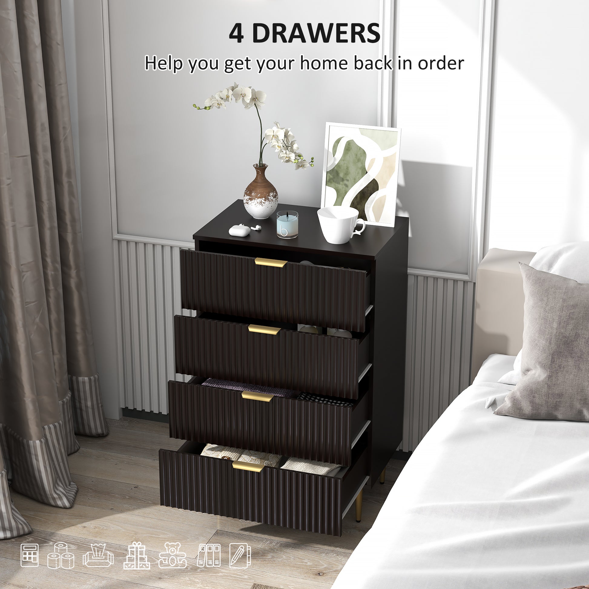 Modern 4 Drawer Chest of Drawers - Black with Gold Legs-DECOROLALA