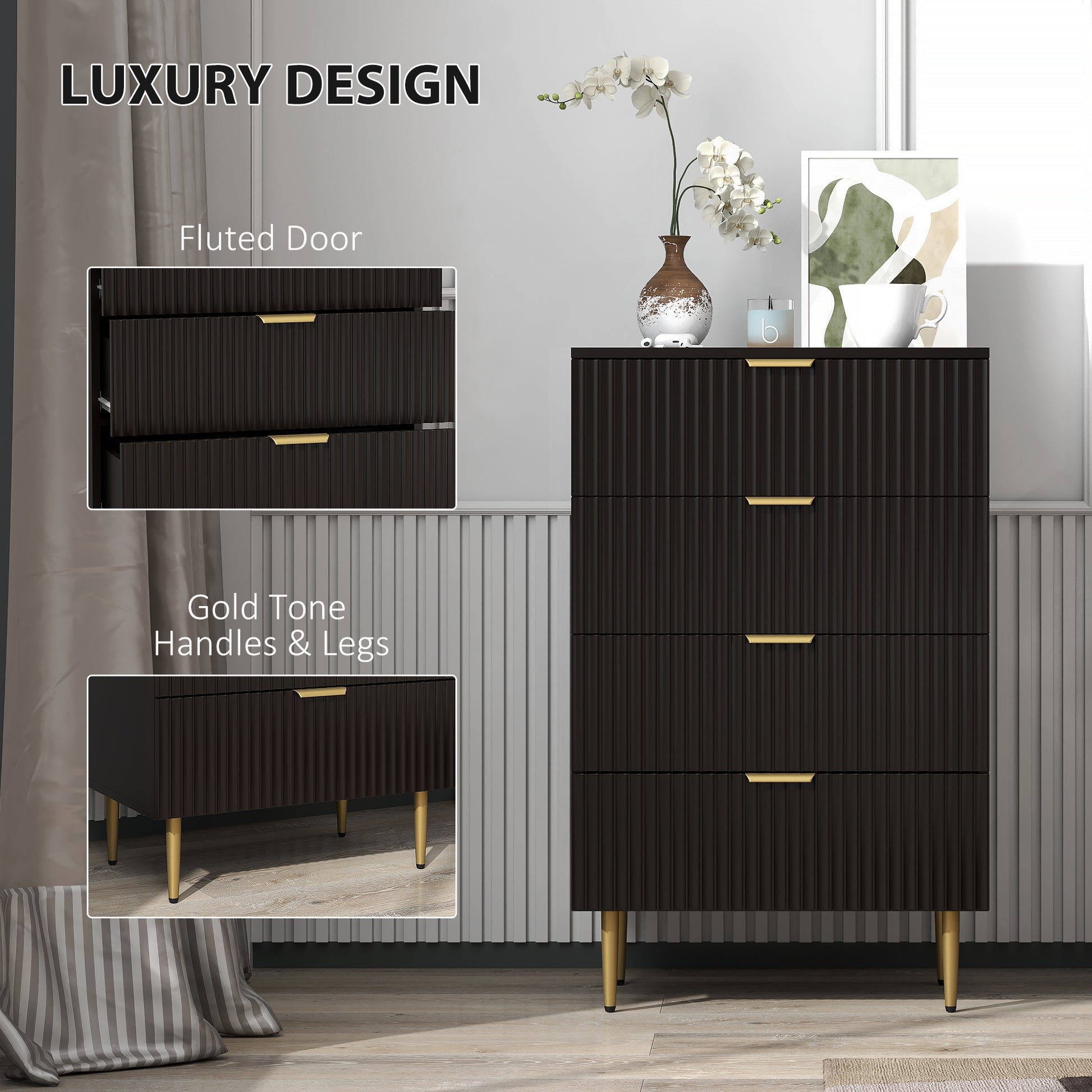 Modern 4 Drawer Chest of Drawers - Black with Gold Legs-DECOROLALA