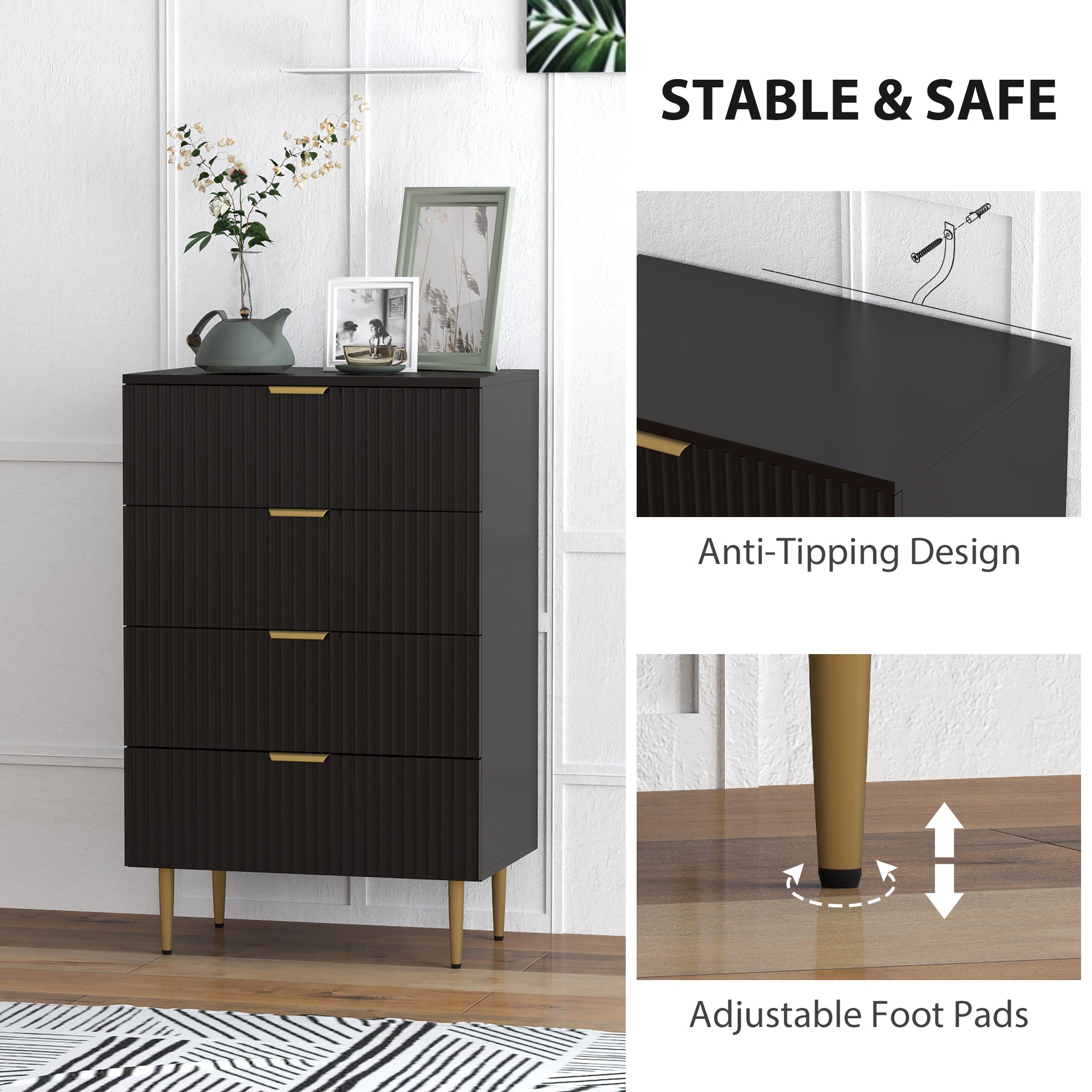 Modern 4 Drawer Chest of Drawers - Black with Gold Legs-DECOROLALA