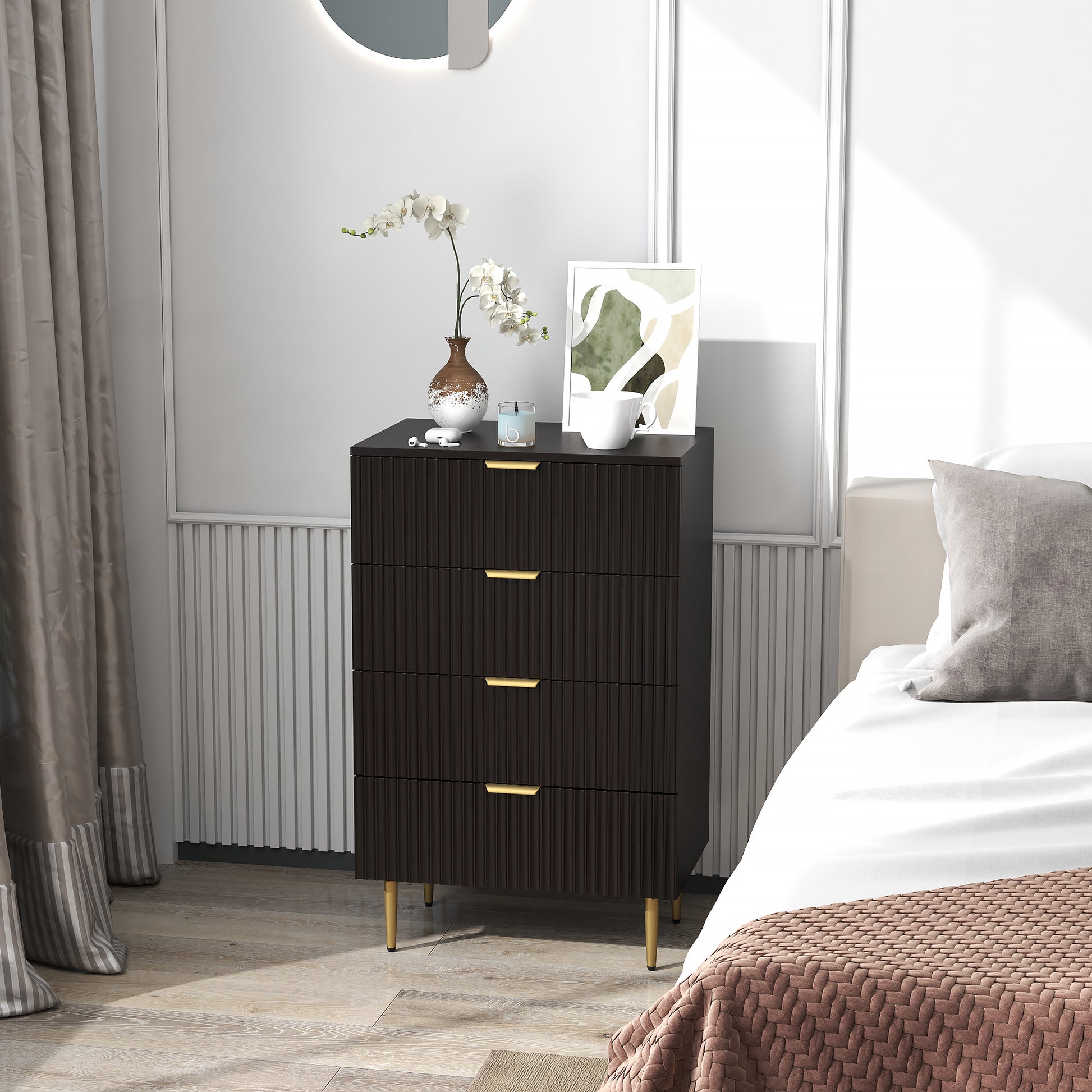 Modern 4 Drawer Chest of Drawers - Black with Gold Legs-DECOROLALA