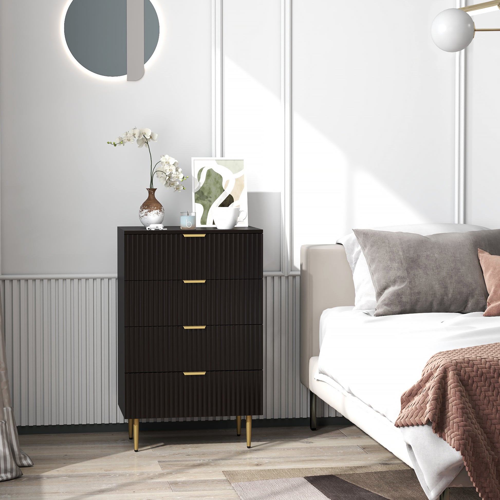 Modern 4 Drawer Chest of Drawers - Black with Gold Legs-DECOROLALA