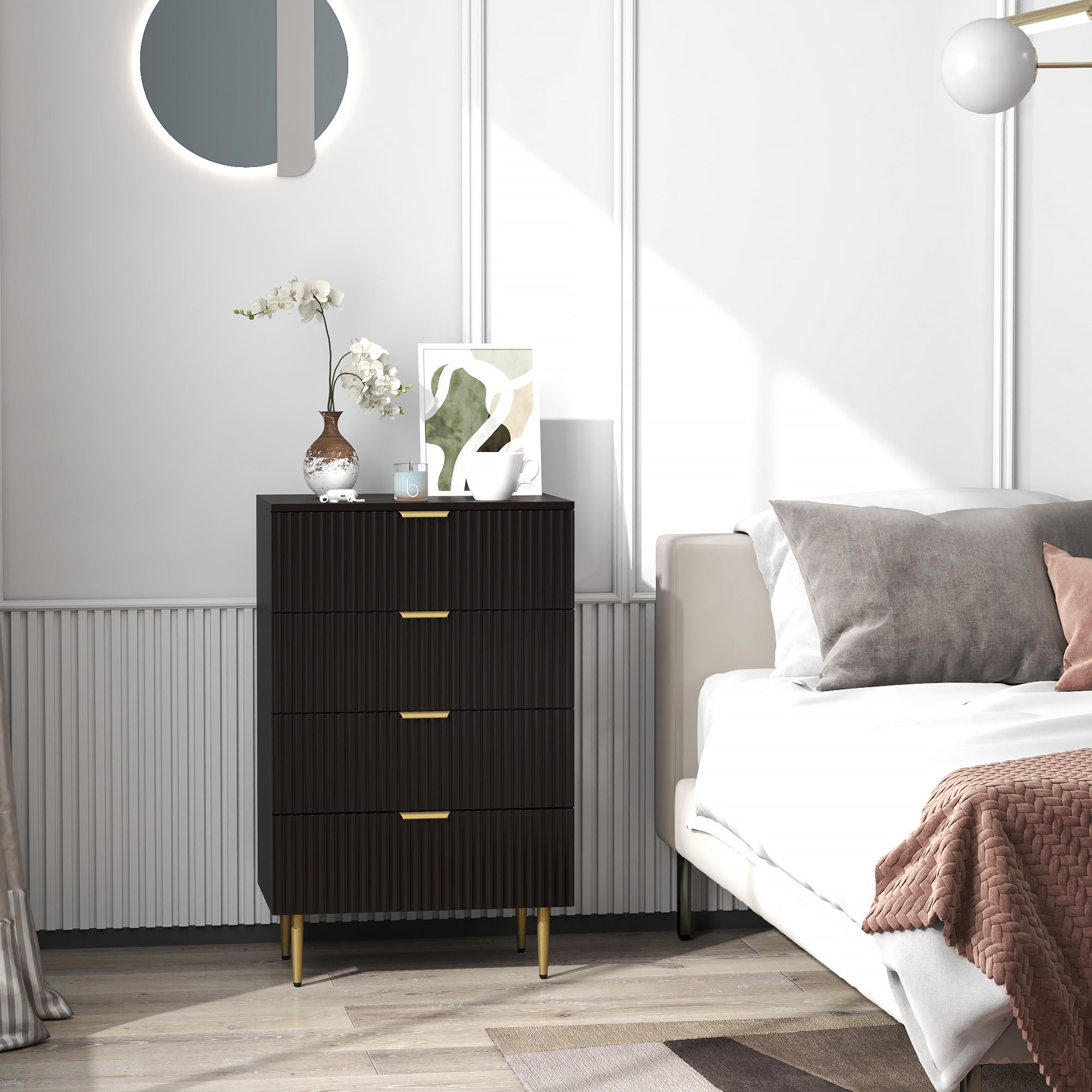 Modern 4 Drawer Chest of Drawers - Black with Gold Legs-DECOROLALA